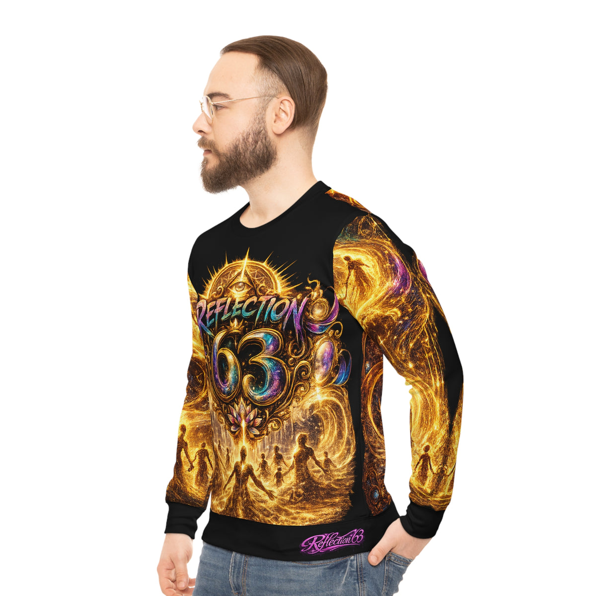 Reflection 63 All-Over Print Sweatshirt — Golden Sacred Geometry & Spiritual Gathering