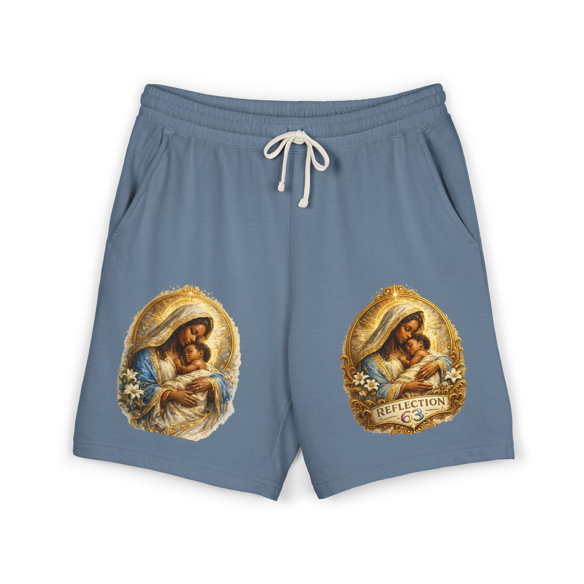 Religious Nativity Sweat Shorts — “Reflection” Holy Family Graphic Fleece Shorts