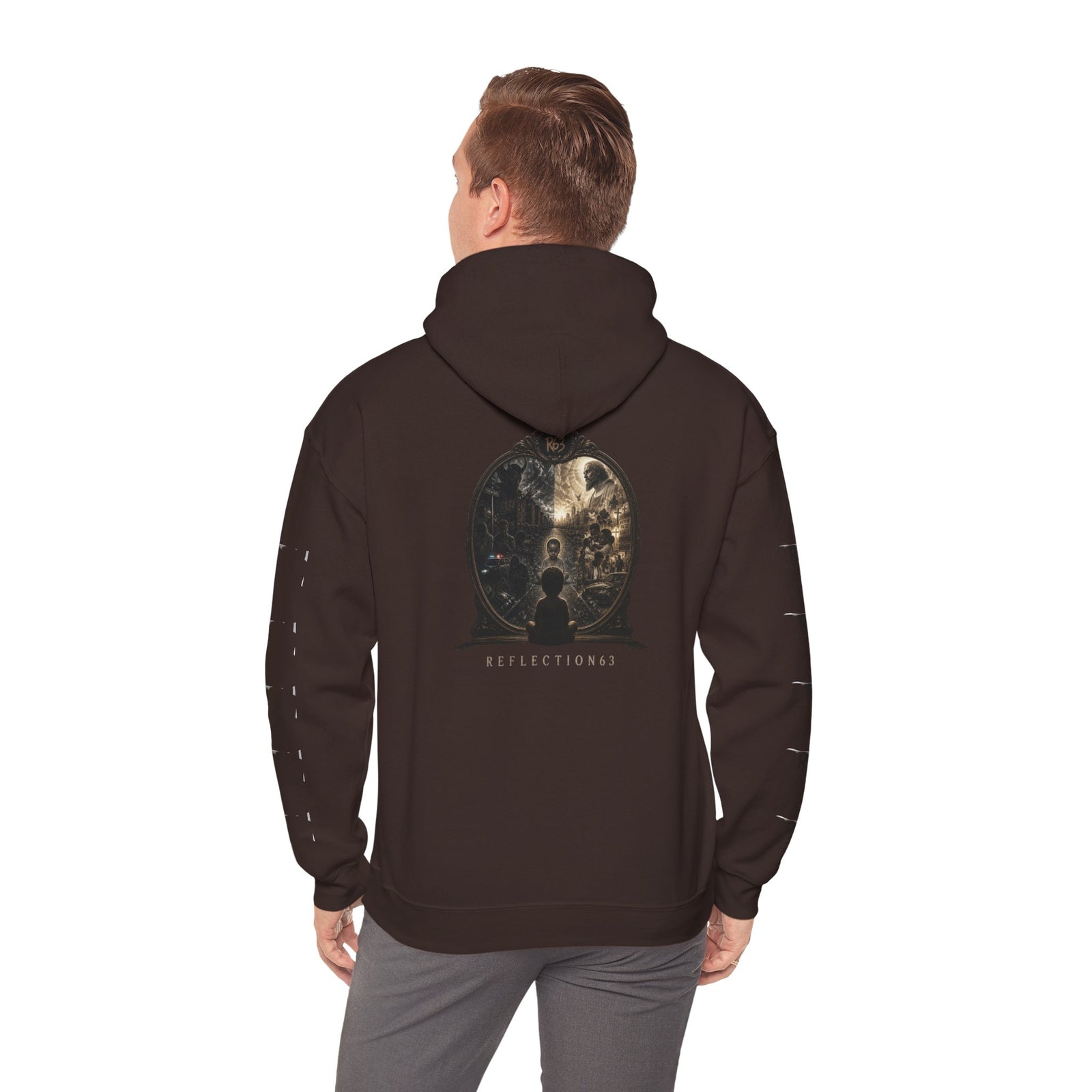R63 Graphic Hoodie — Reflective Souls Back Print, Sleeve Logo Streetwear