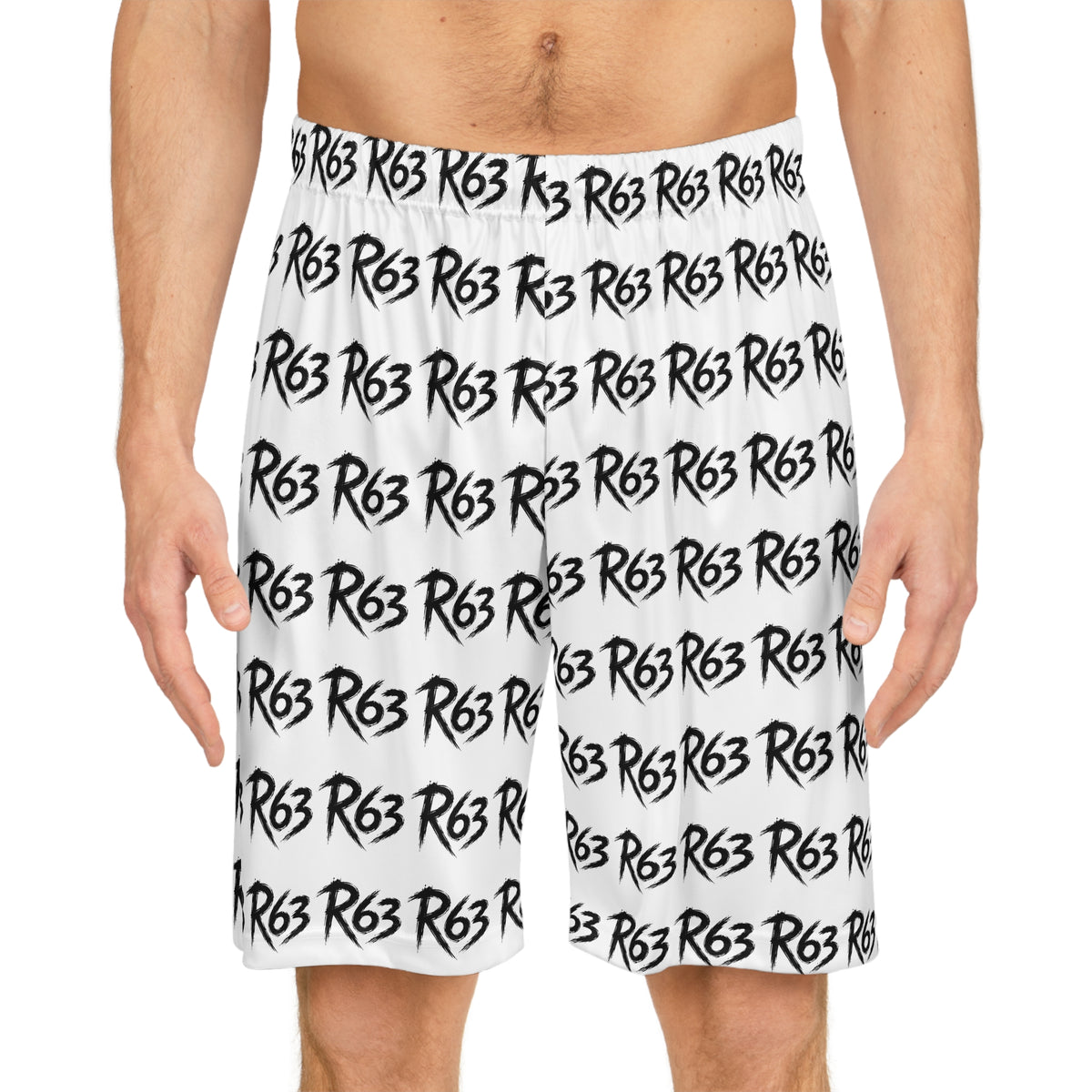 R63 All-Over Print Basketball Shorts — Bold Script Logo Athletic Shorts
