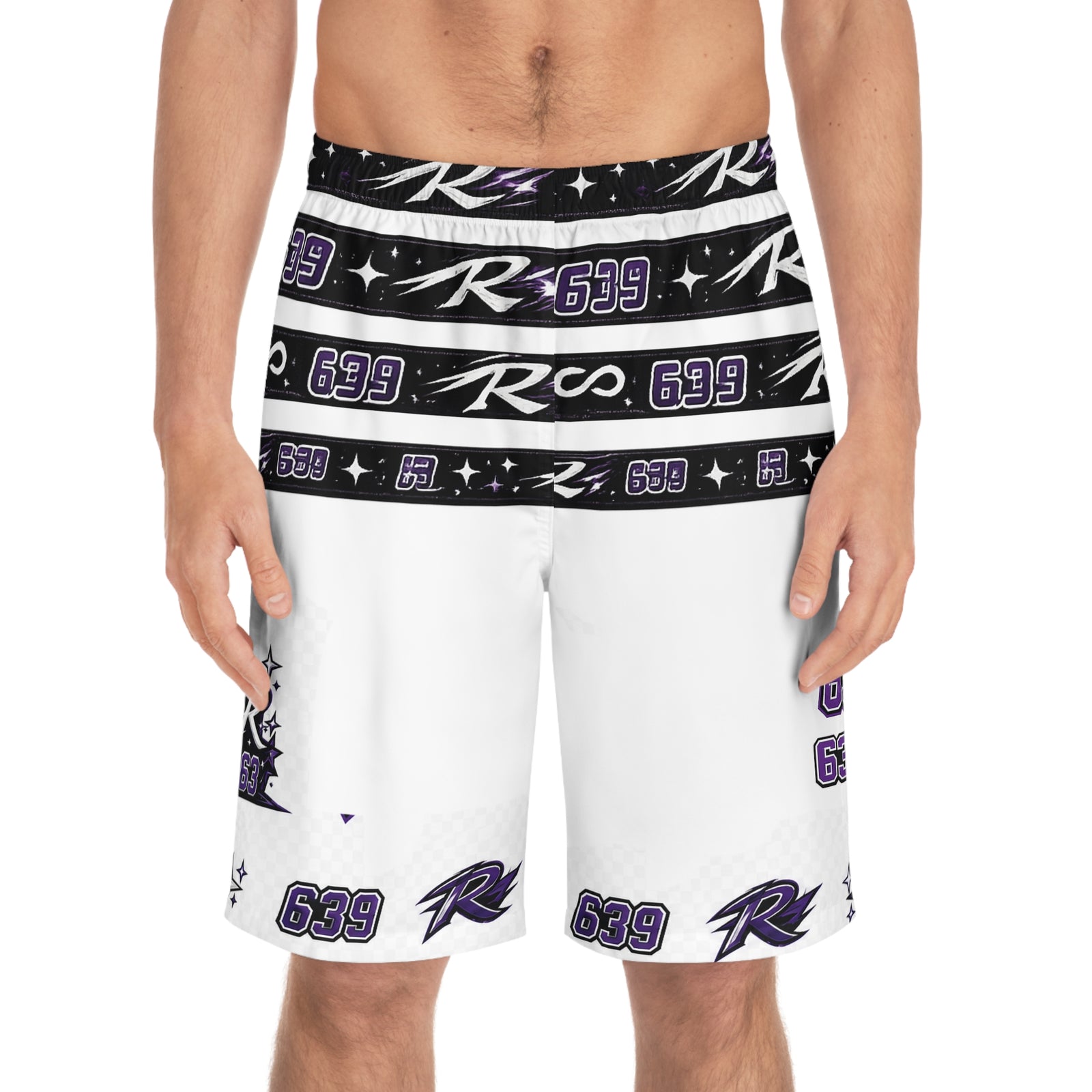 Board Shorts — White & Black Racing Logo All-Over Print (63, 639 accents)