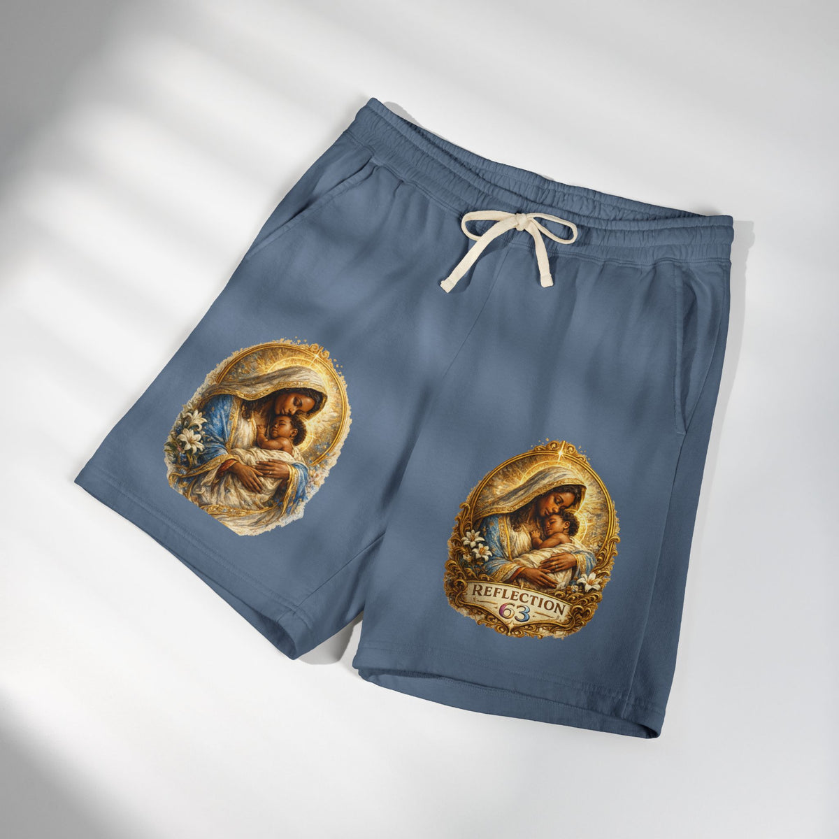 Religious Nativity Sweat Shorts — “Reflection” Holy Family Graphic Fleece Shorts