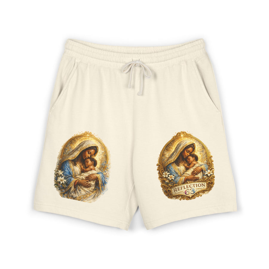 Religious Nativity Sweat Shorts — “Reflection” Holy Family Graphic Fleece Shorts