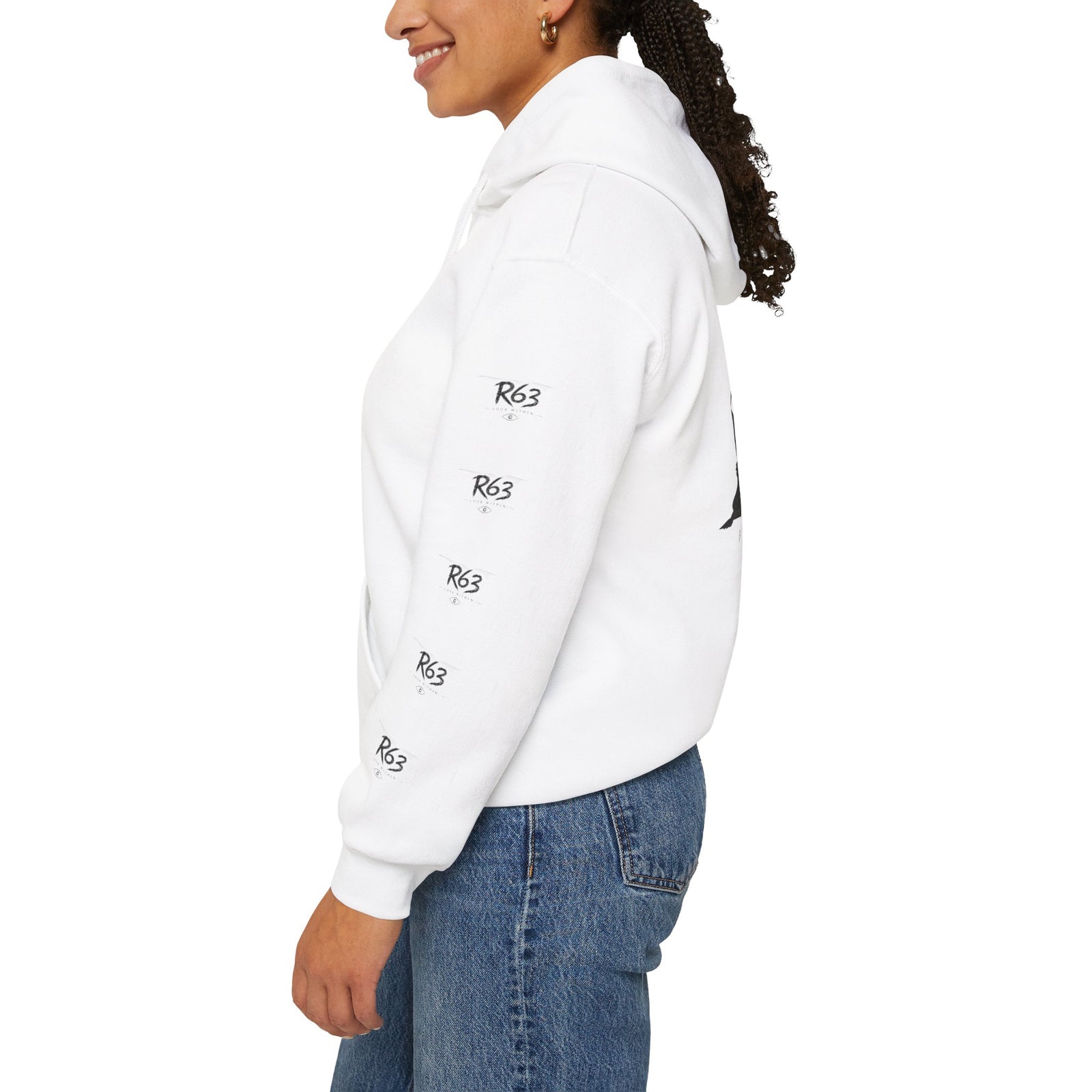 R63 Graphic Hoodie — Reflective Souls Back Print, Sleeve Logo Streetwear