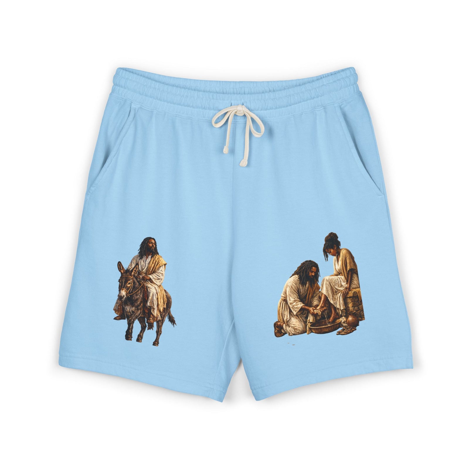 Biblical Nativity Art Sweat Shorts — Jesus on Donkey & Resting Shepherds Fleece Shorts