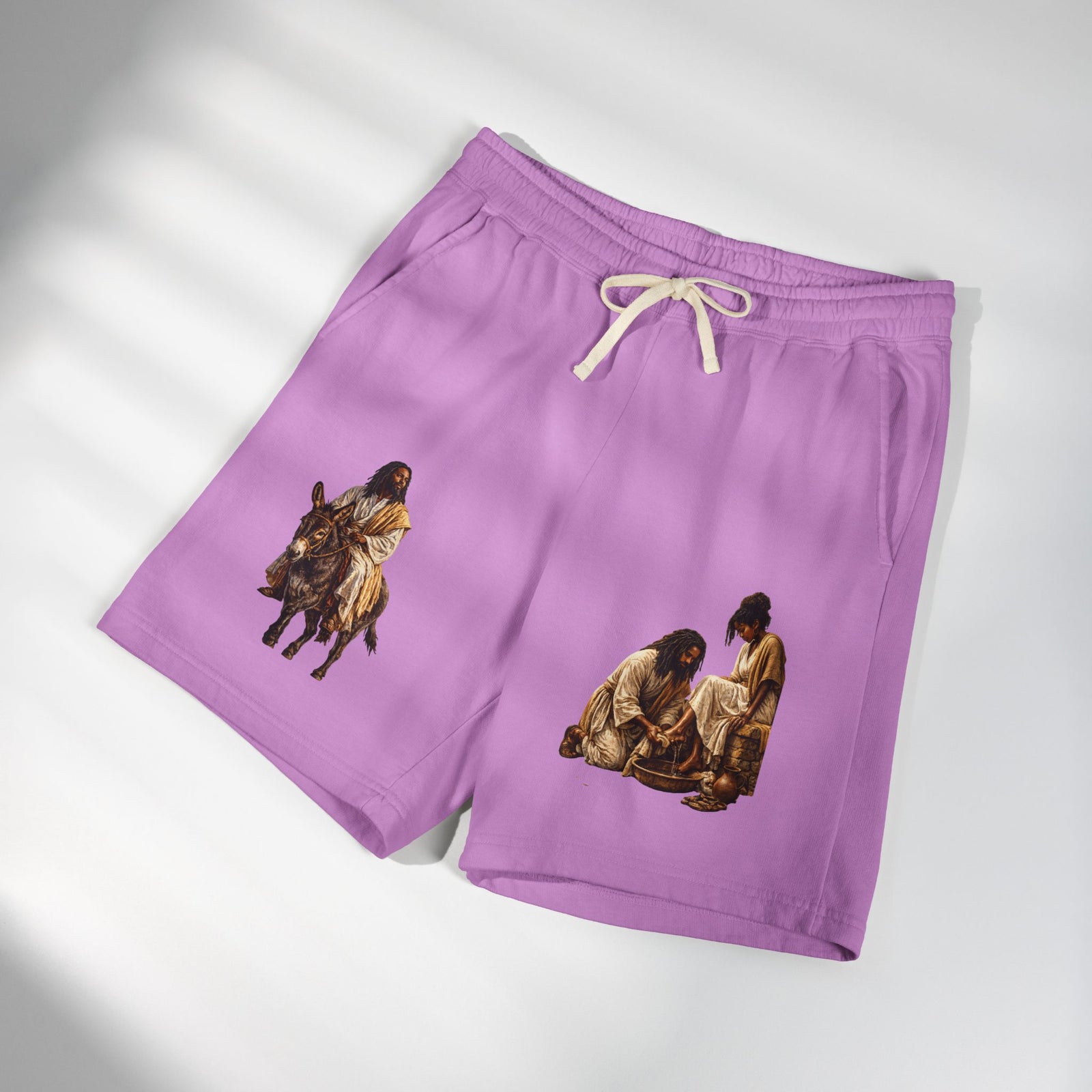 Biblical Nativity Art Sweat Shorts — Jesus on Donkey & Resting Shepherds Fleece Shorts