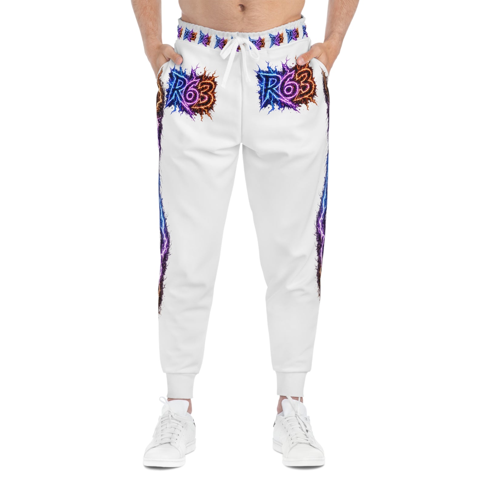 R63 Lightning Graphic Joggers — White All-Over Print Athletic Pants