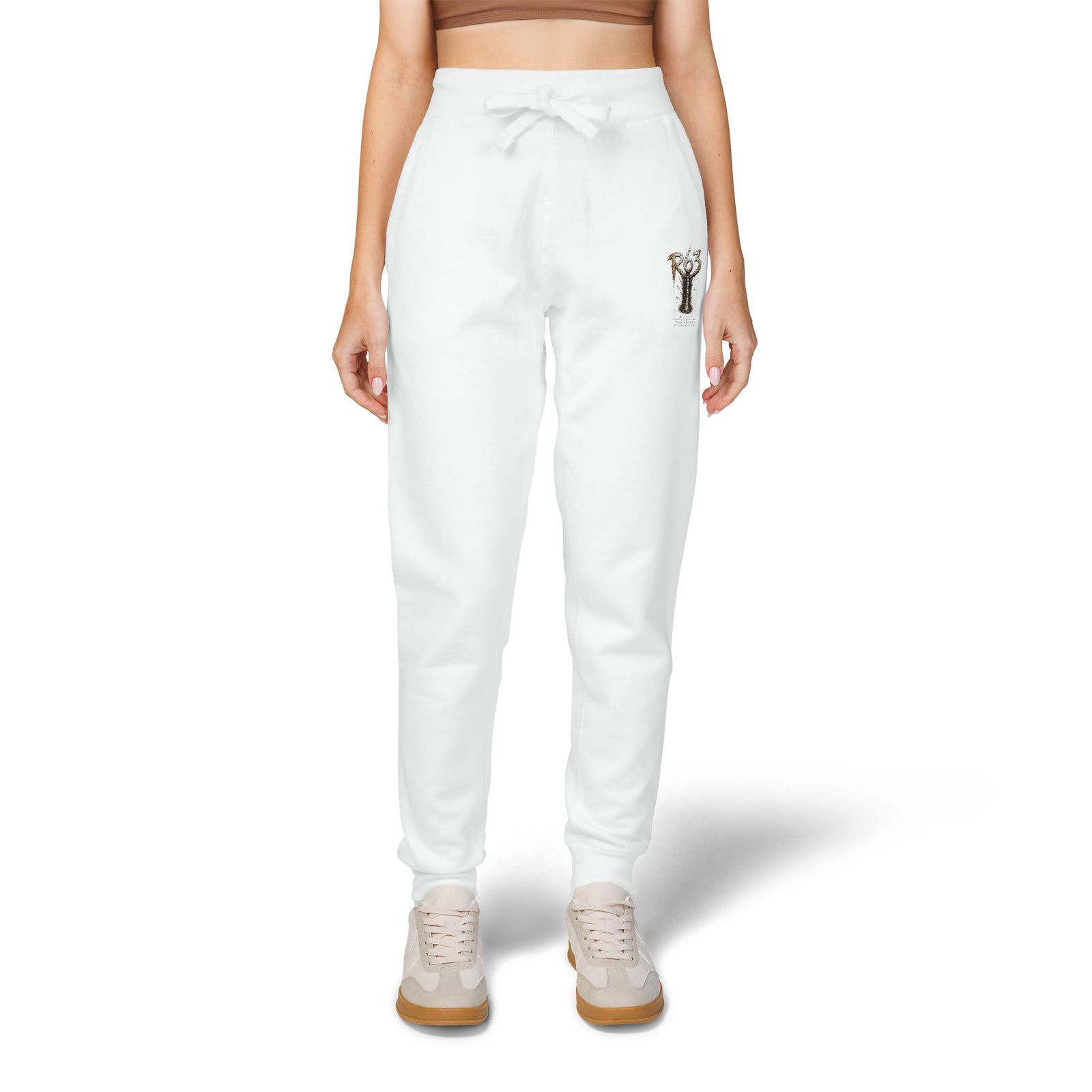 Embroidered Deer Fleece Sweatpants — Cozy White Joggers with Woodland Stag Embroidery