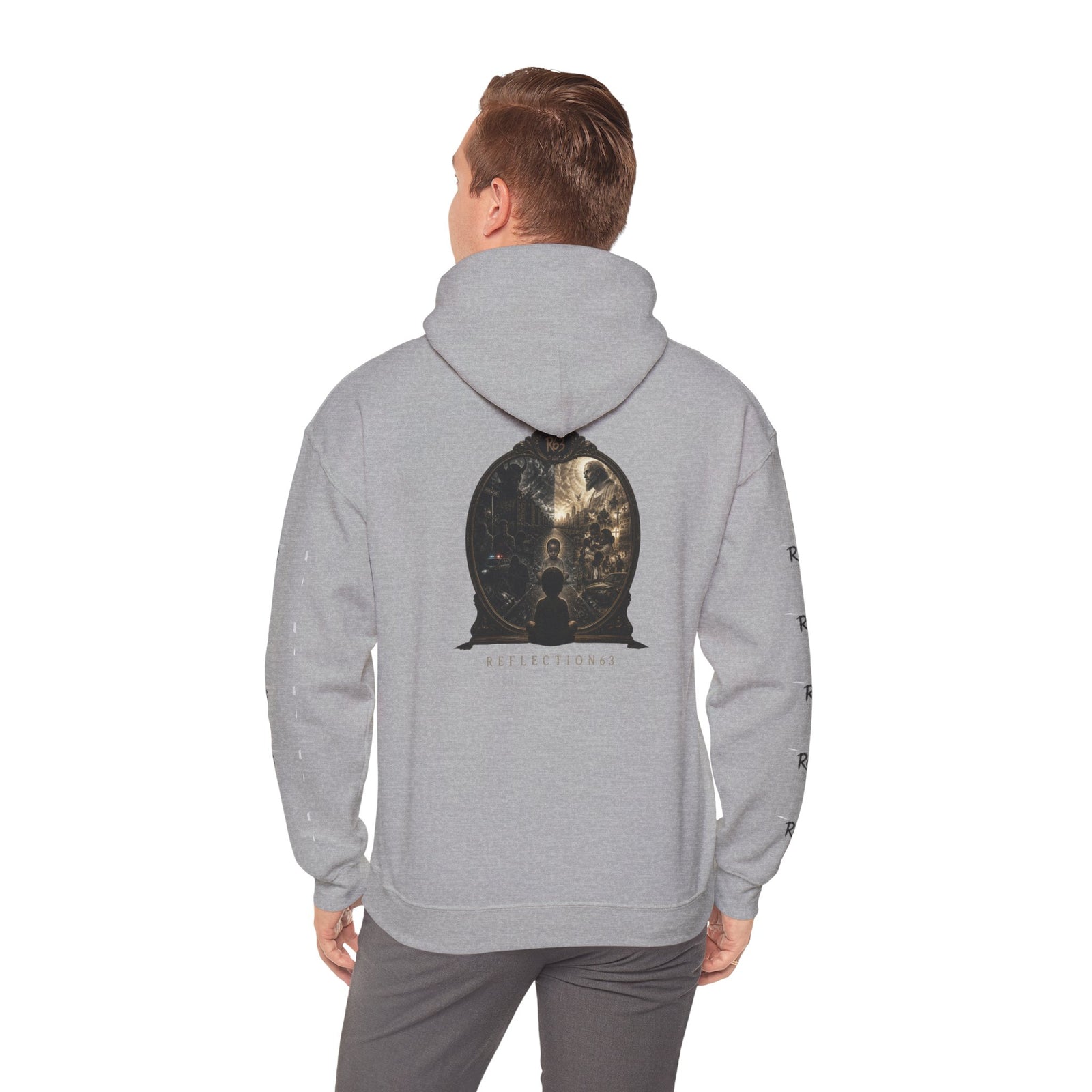 R63 Graphic Hoodie — Reflective Souls Back Print, Sleeve Logo Streetwear