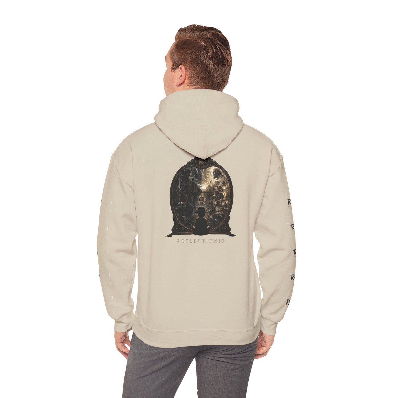 R63 Graphic Hoodie — Reflective Souls Back Print, Sleeve Logo Streetwear