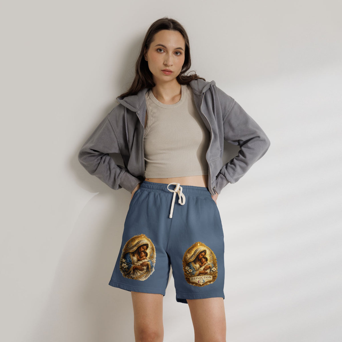 Religious Nativity Sweat Shorts — “Reflection” Holy Family Graphic Fleece Shorts