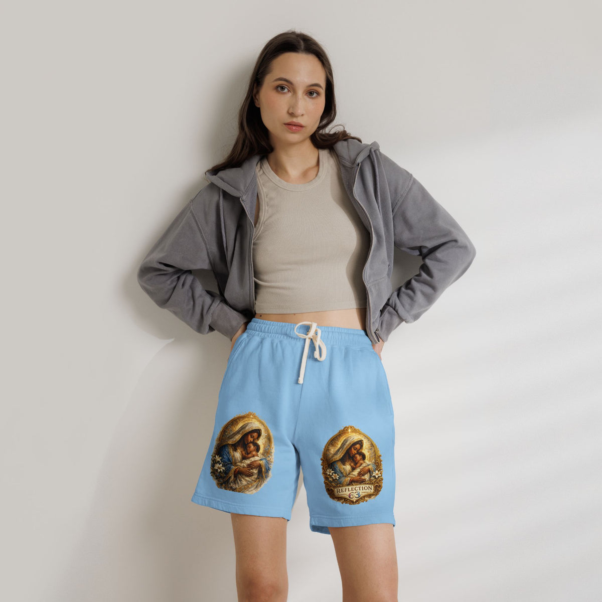 Religious Nativity Sweat Shorts — “Reflection” Holy Family Graphic Fleece Shorts