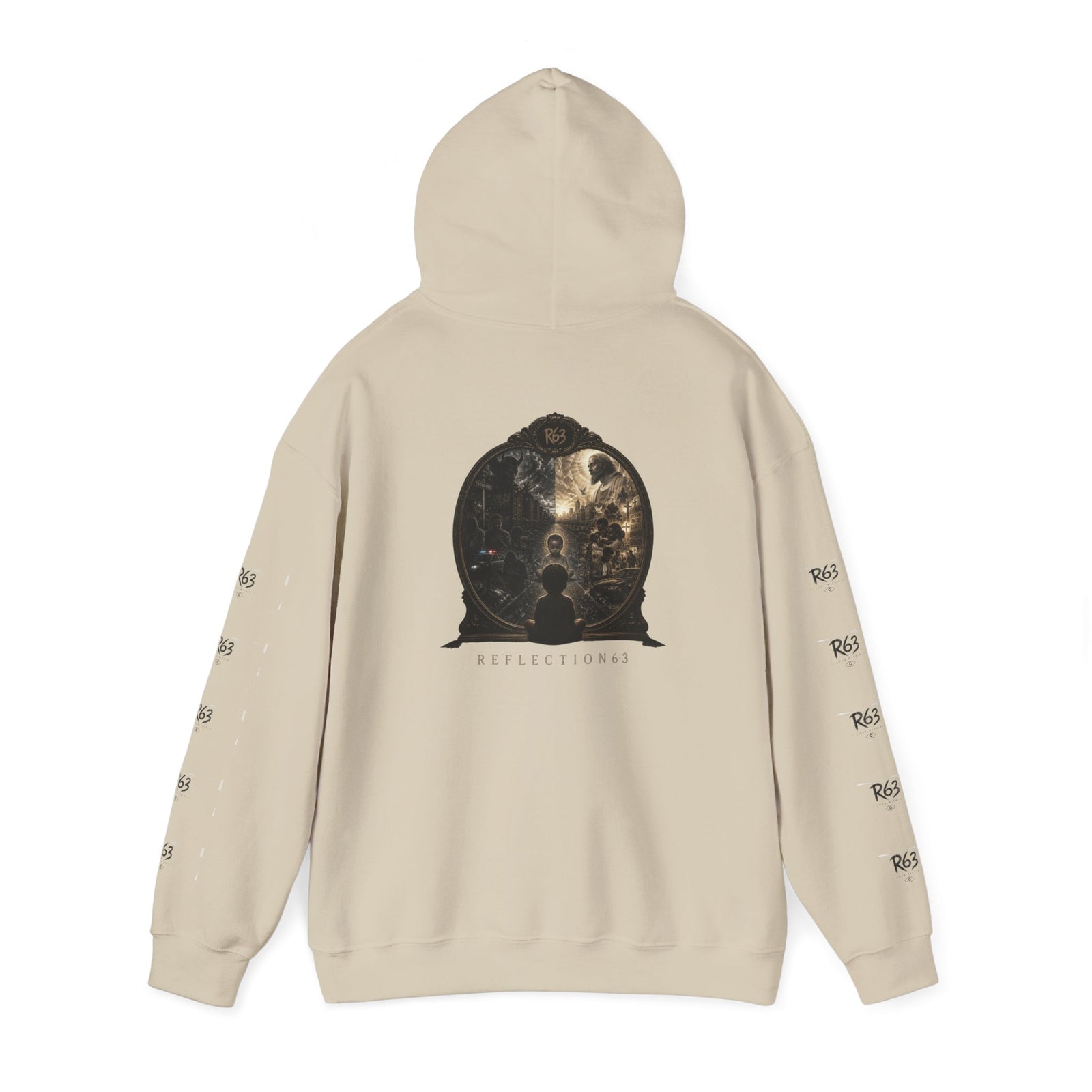R63 Graphic Hoodie — Reflective Souls Back Print, Sleeve Logo Streetwear