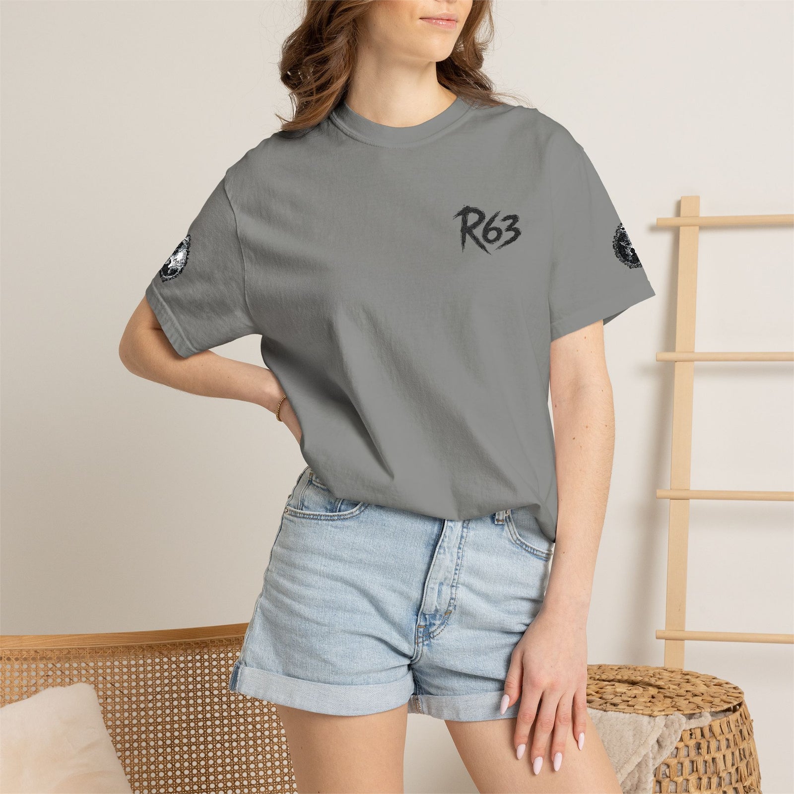 R63 Minimal Logo T-Shirt — Streetwear Graphic Tee with Sleeve Emblem