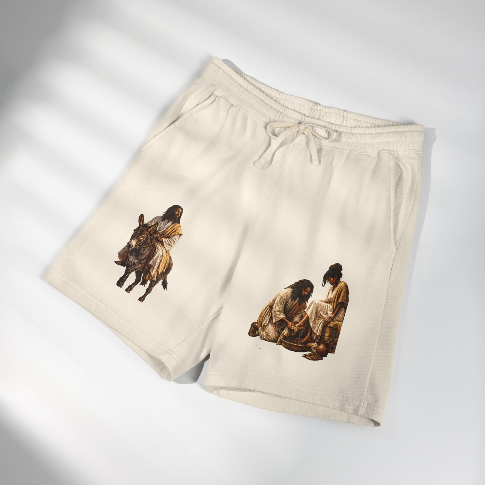 Biblical Nativity Art Sweat Shorts — Jesus on Donkey & Resting Shepherds Fleece Shorts