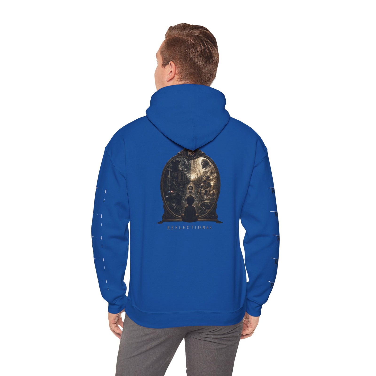 R63 Graphic Hoodie — Reflective Souls Back Print, Sleeve Logo Streetwear