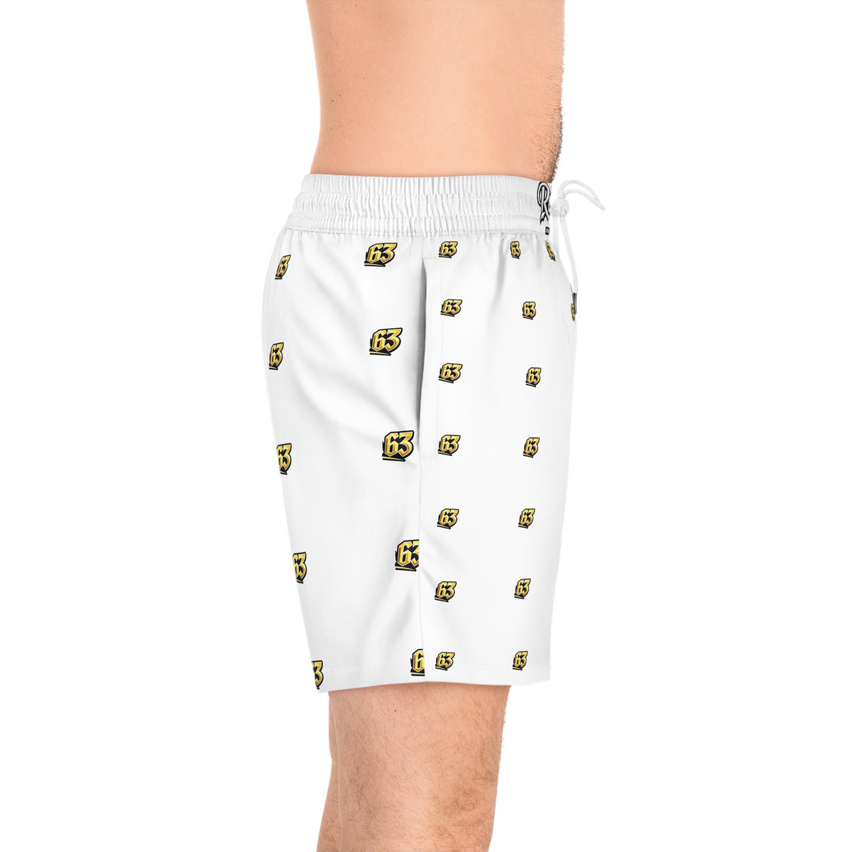 Men's White Swim Shorts with Yellow '63' Logo All-Over Print