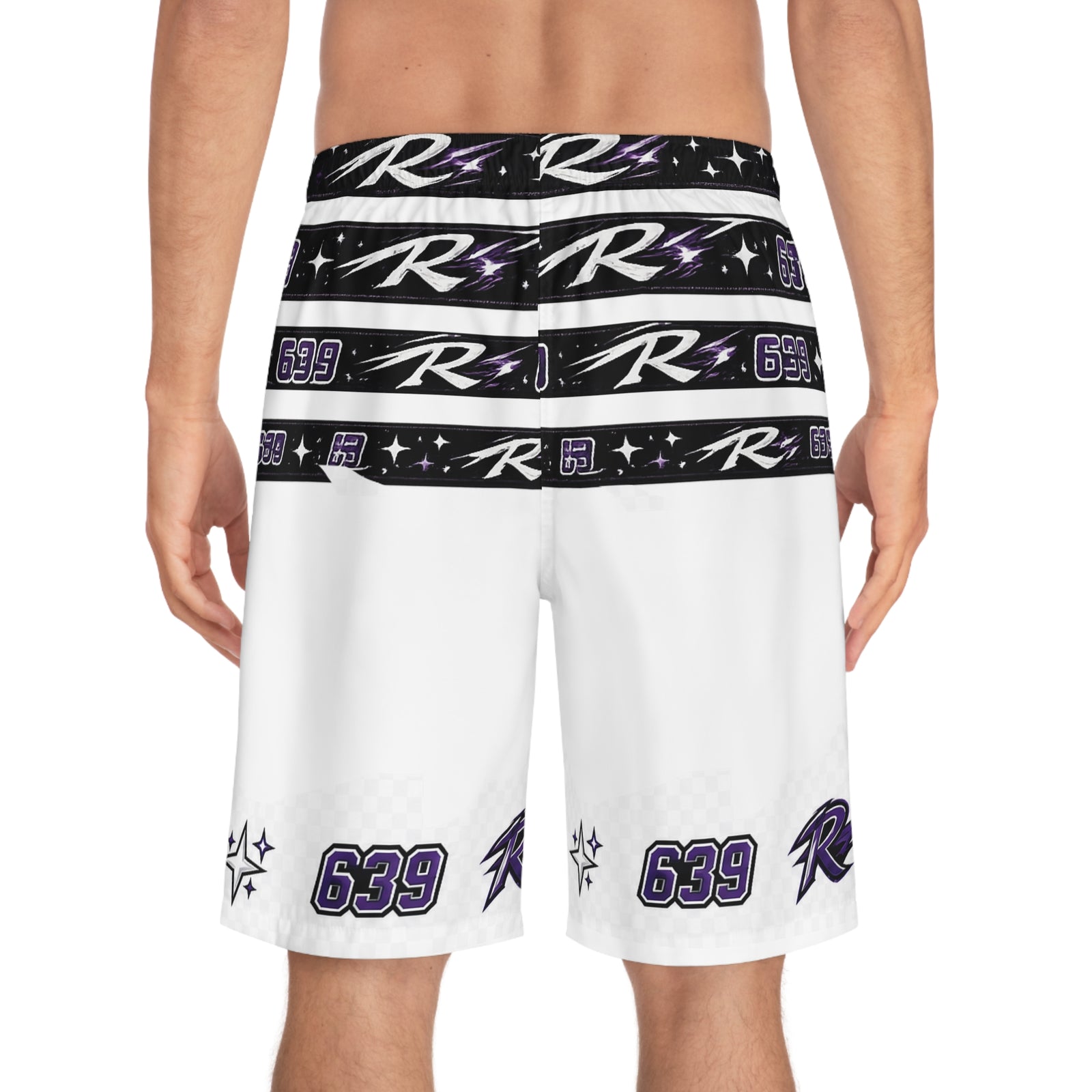 Board Shorts — White & Black Racing Logo All-Over Print (63, 639 accents)