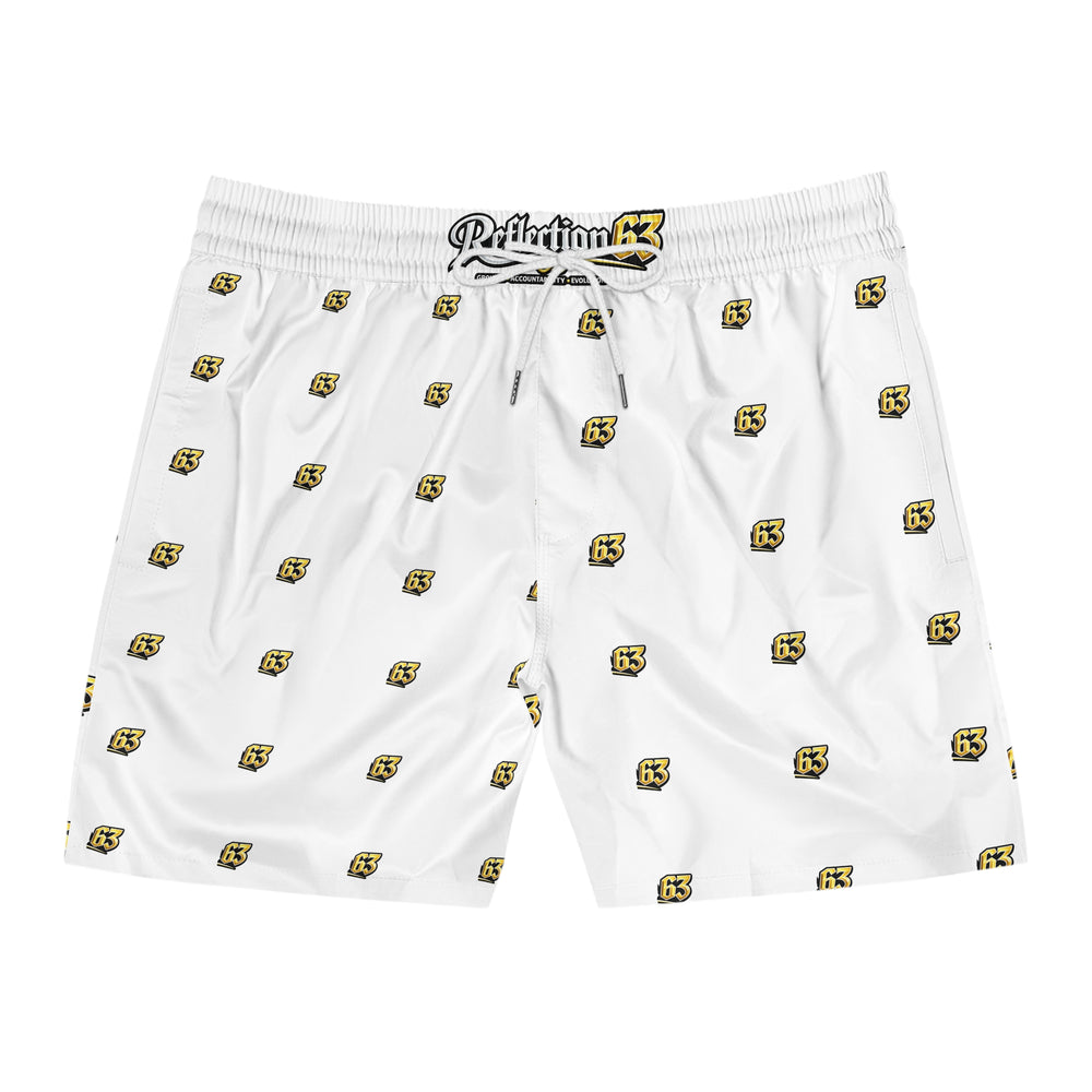 Men's White Swim Shorts with Yellow '63' Logo All-Over Print