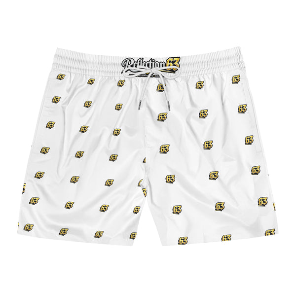 Men's White Swim Shorts with Yellow '63' Logo All-Over Print