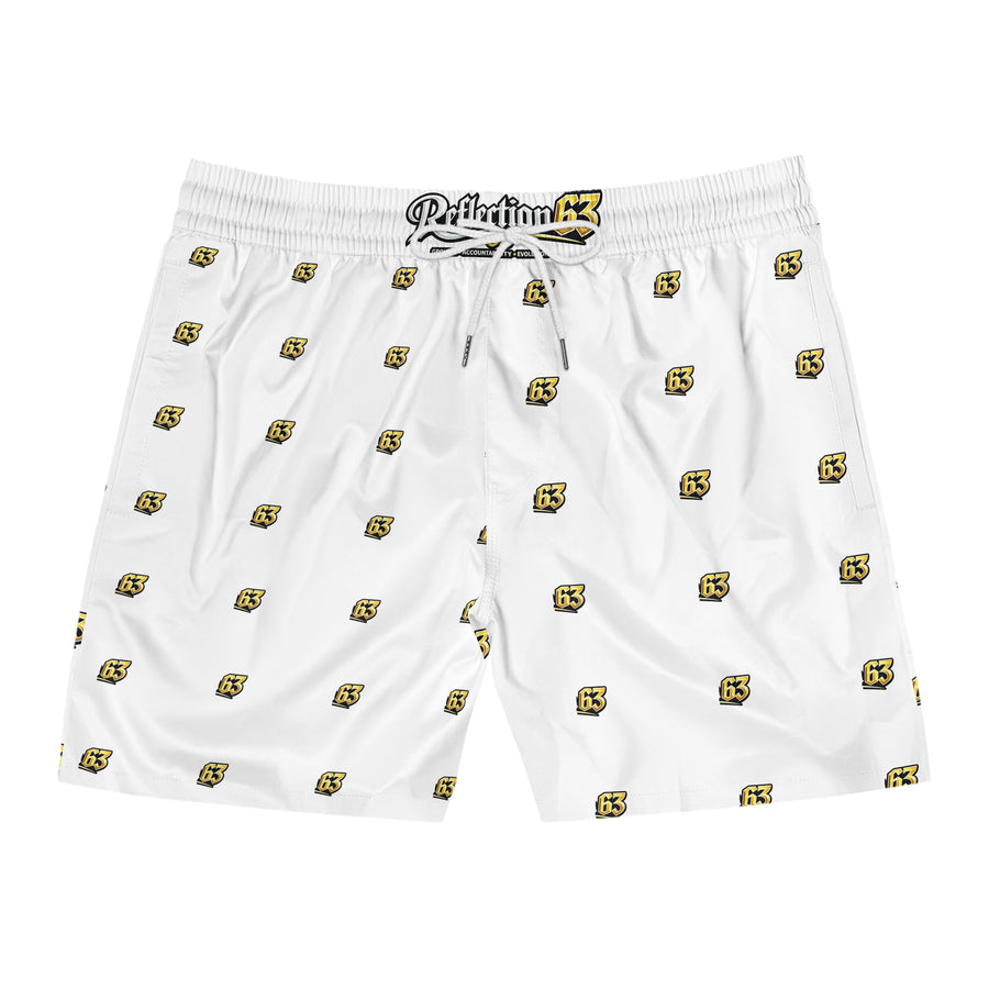 Men's White Swim Shorts with Yellow '63' Logo All-Over Print