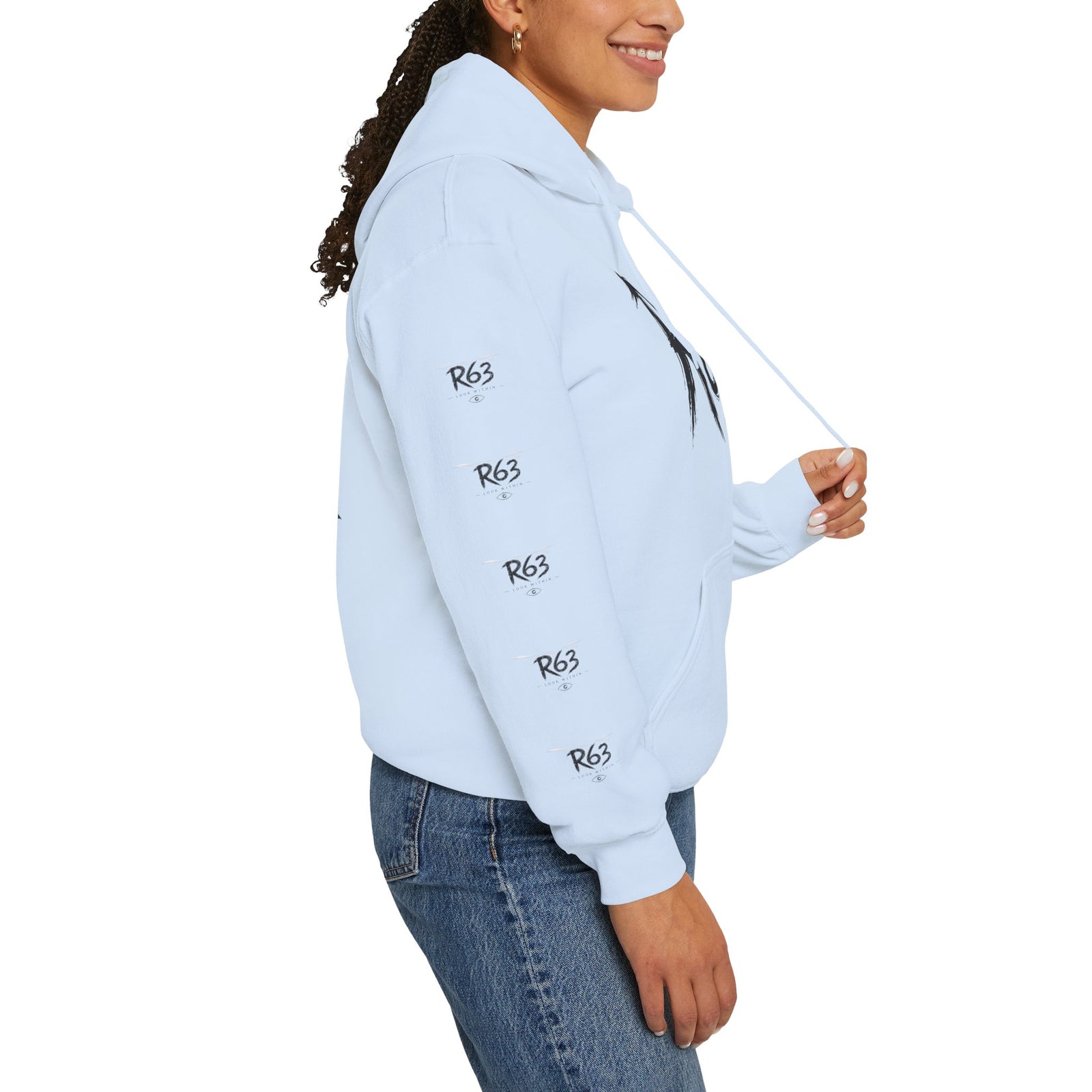 R63 Graphic Hoodie — Reflective Souls Back Print, Sleeve Logo Streetwear