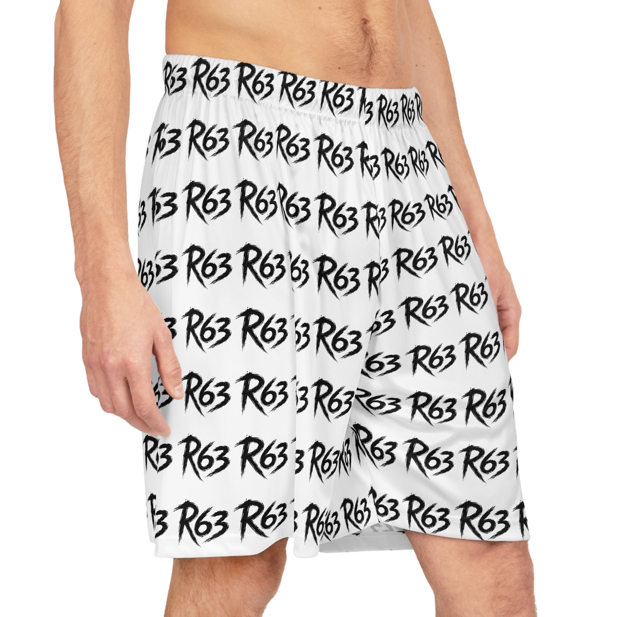 R63 All-Over Print Basketball Shorts — Bold Script Logo Athletic Shorts