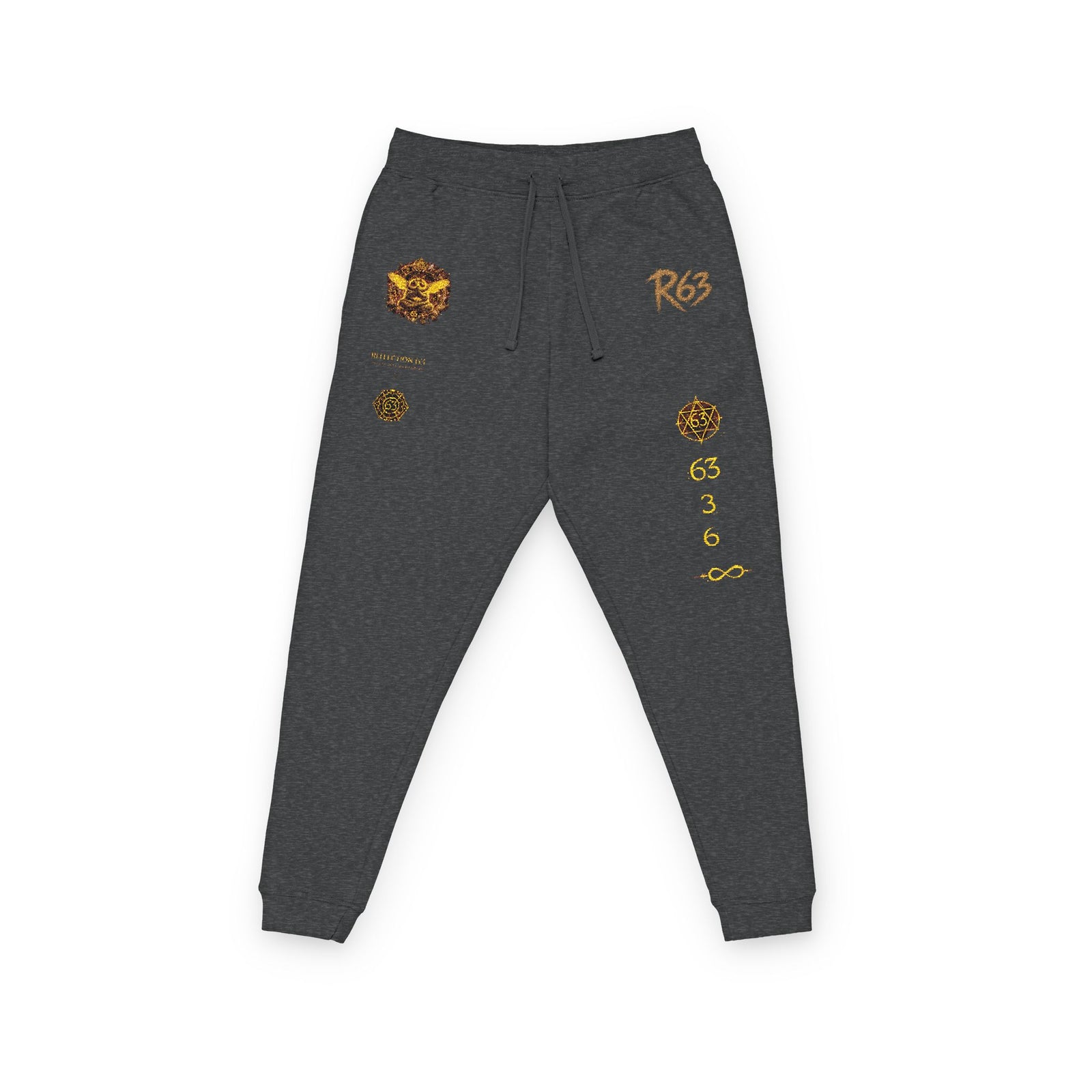Embroidered Flame Crest Joggers — Gold Graphic Fleece Sweatpants