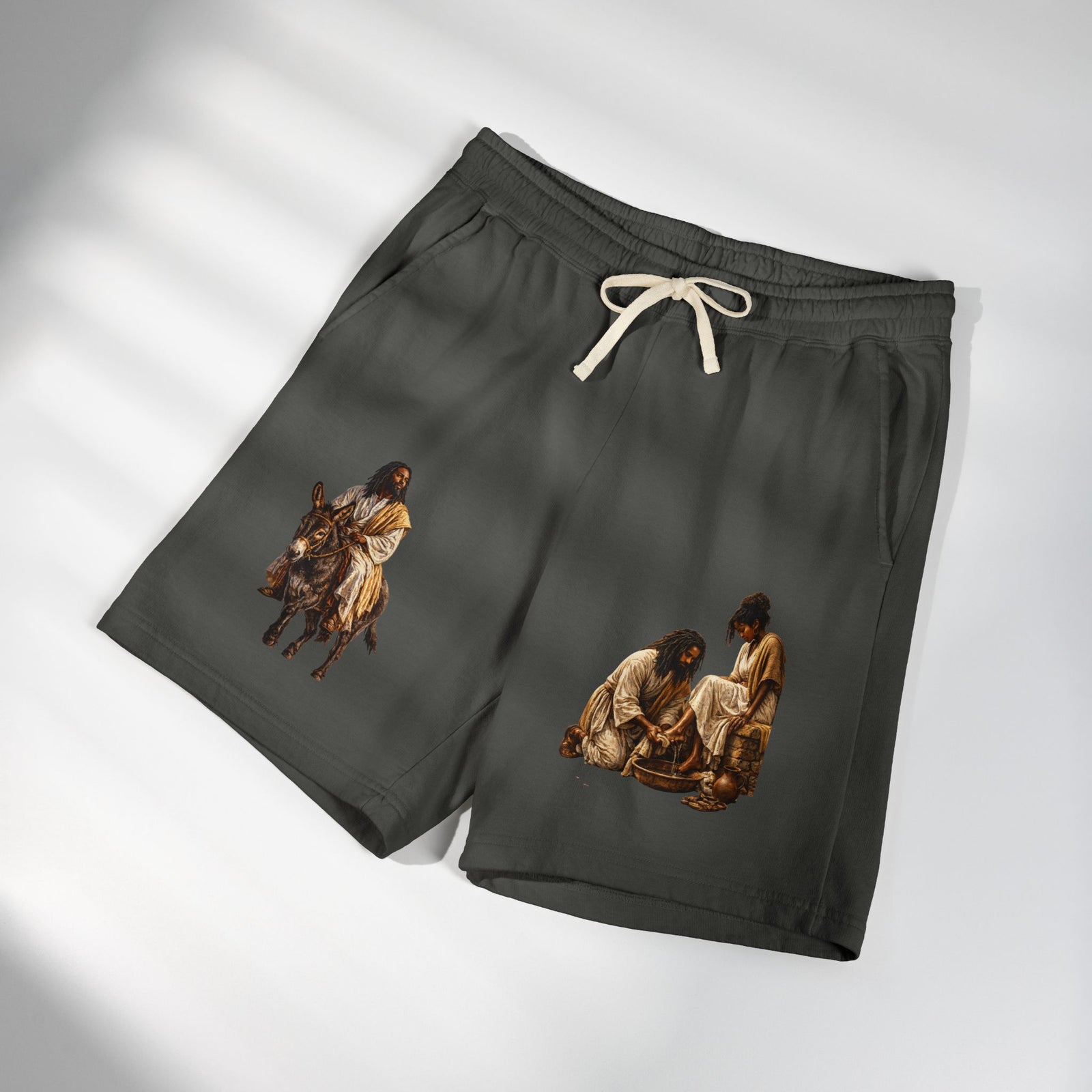 Biblical Nativity Art Sweat Shorts — Jesus on Donkey & Resting Shepherds Fleece Shorts