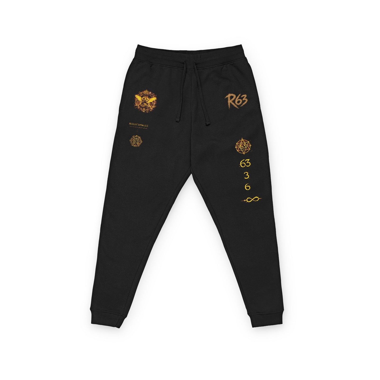 Embroidered Flame Crest Joggers — Gold Graphic Fleece Sweatpants
