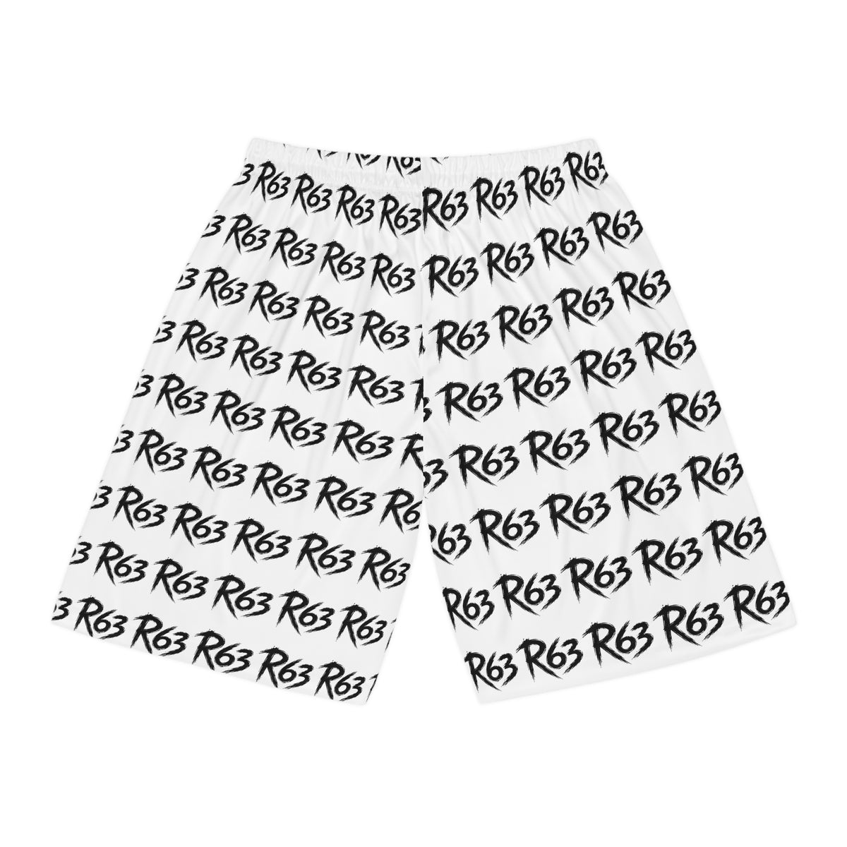 R63 All-Over Print Basketball Shorts — Bold Script Logo Athletic Shorts
