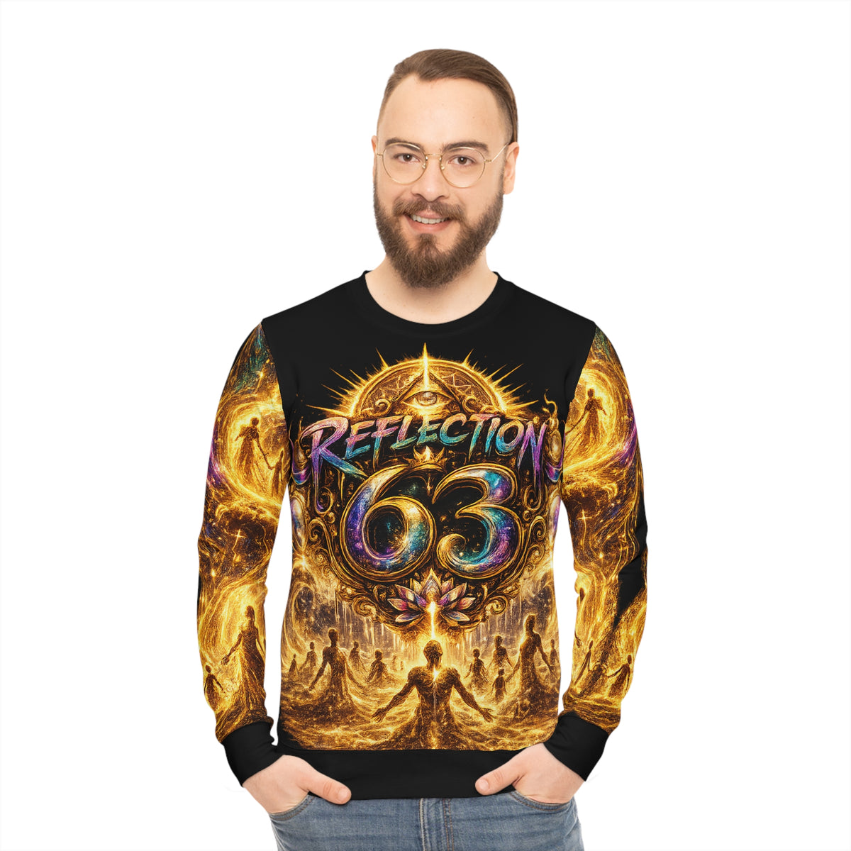 Reflection 63 All-Over Print Sweatshirt — Golden Sacred Geometry & Spiritual Gathering