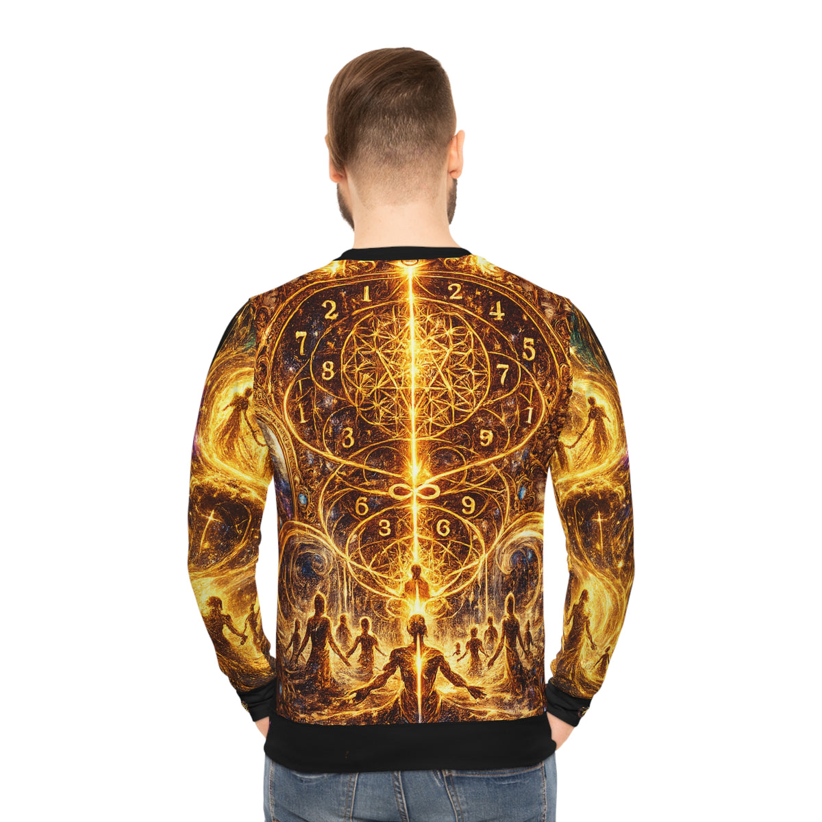 Reflection 63 All-Over Print Sweatshirt — Golden Sacred Geometry & Spiritual Gathering