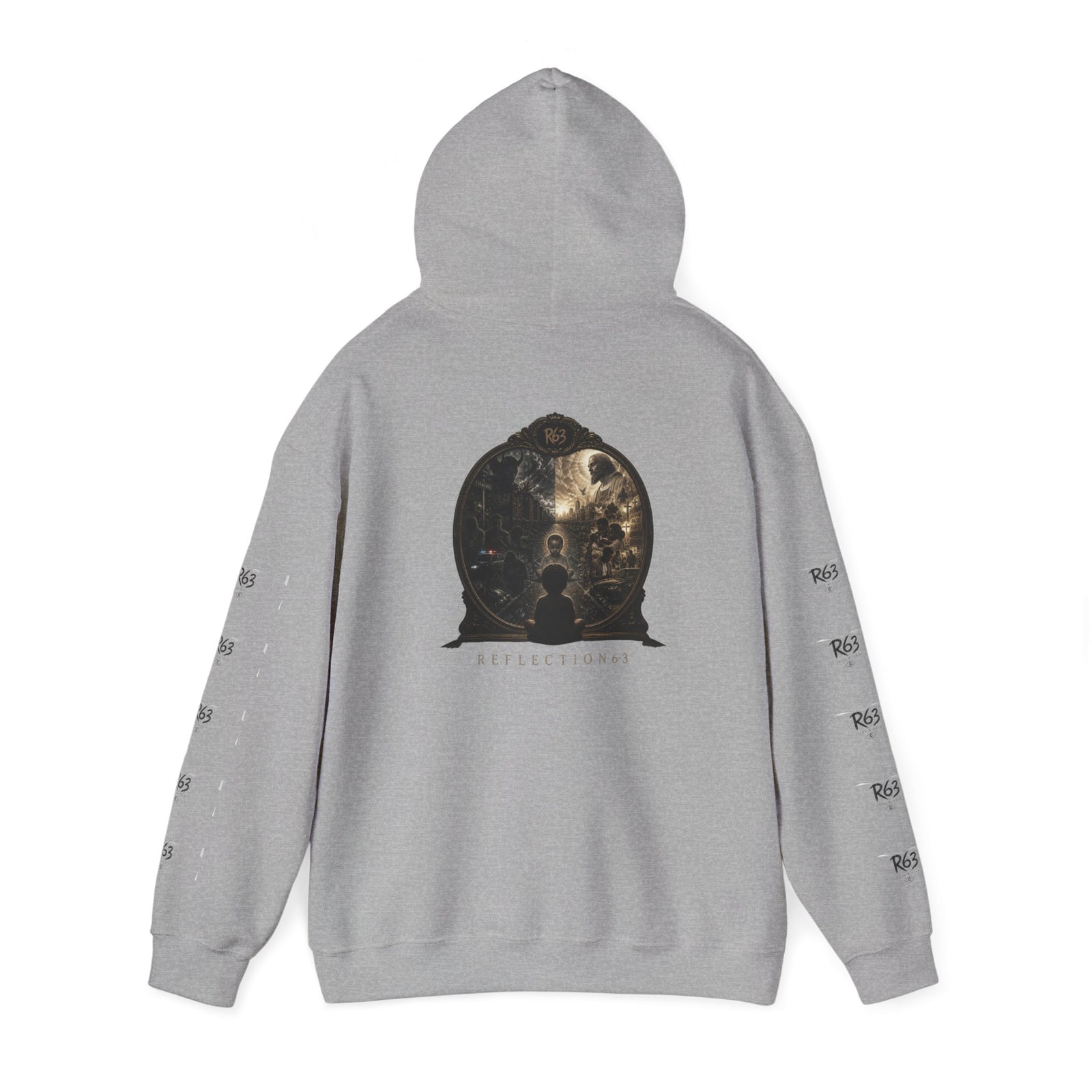 R63 Graphic Hoodie — Reflective Souls Back Print, Sleeve Logo Streetwear