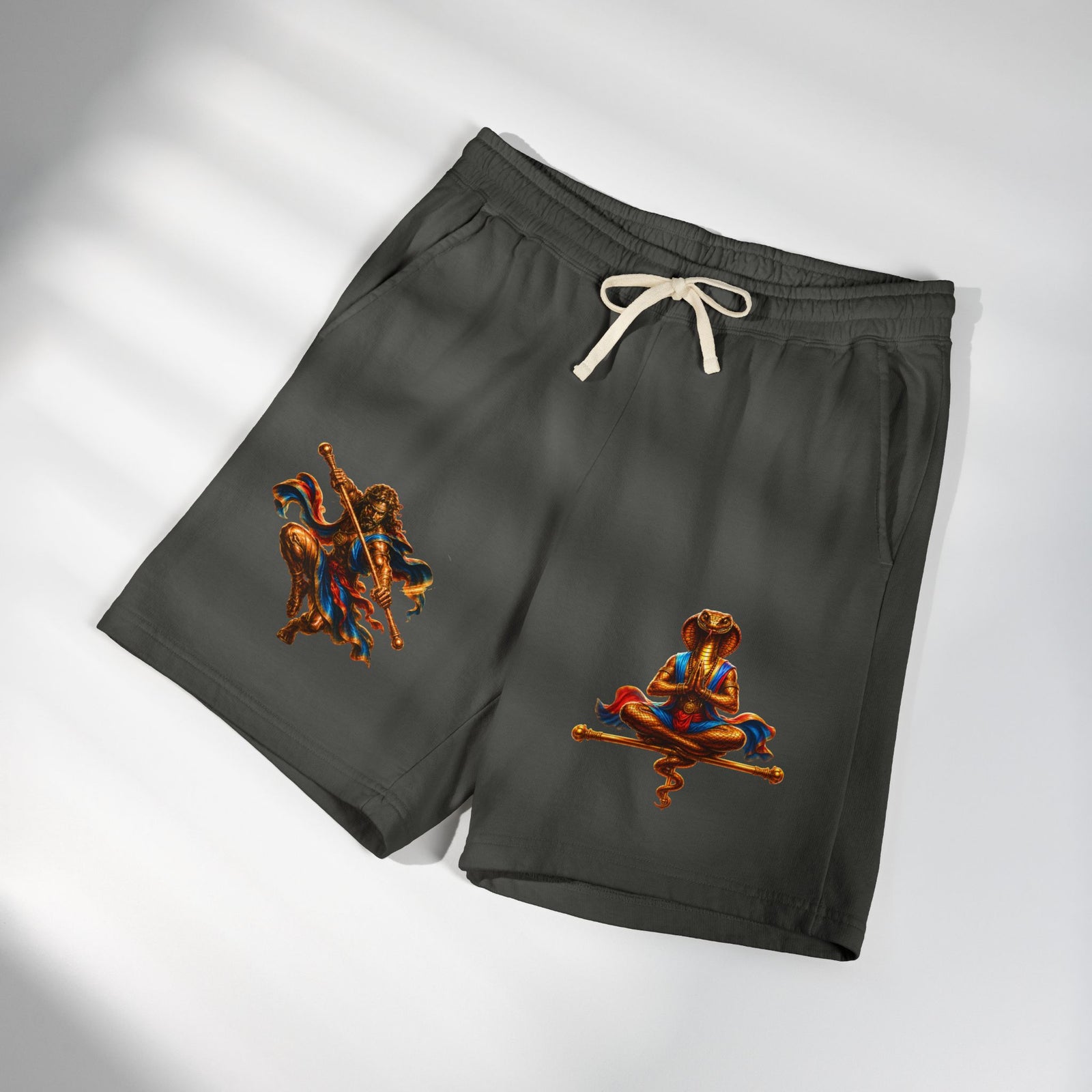 Mythic Yoga Sweat Shorts — Serpent & Warrior Graphic Fleece Shorts