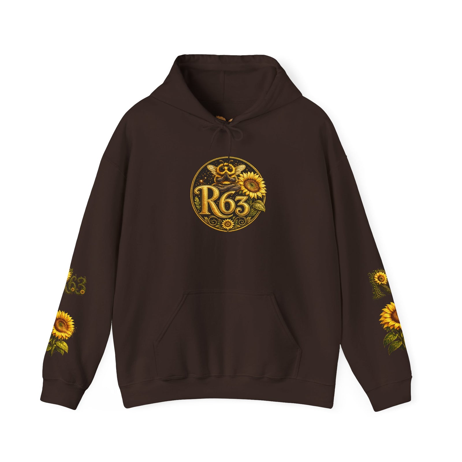 Sunflower Bee Hoodie — R63 Logo Graphic Hooded Sweatshirt