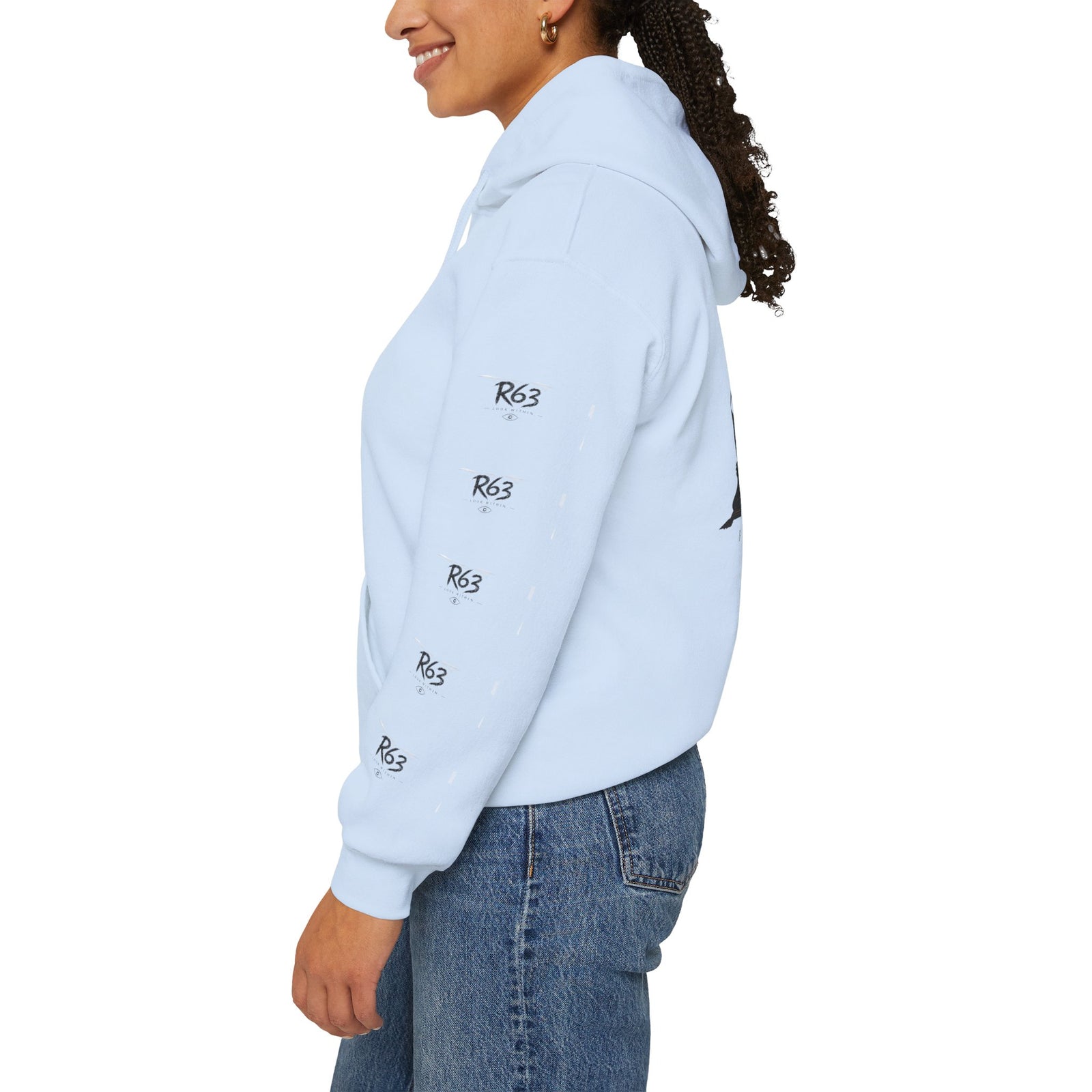 R63 Graphic Hoodie — Reflective Souls Back Print, Sleeve Logo Streetwear
