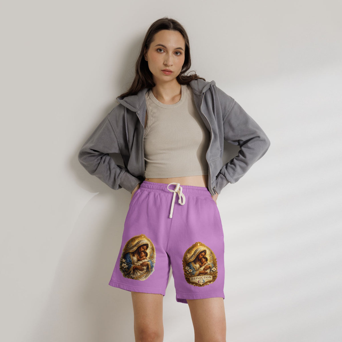 Religious Nativity Sweat Shorts — “Reflection” Holy Family Graphic Fleece Shorts
