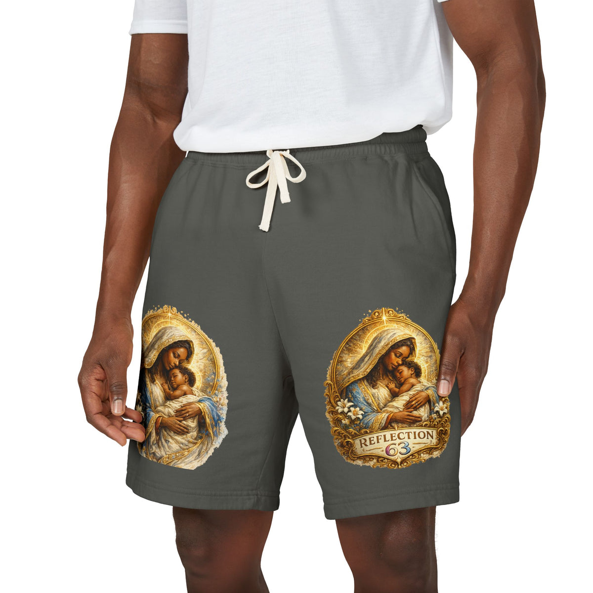 Religious Nativity Sweat Shorts — “Reflection” Holy Family Graphic Fleece Shorts