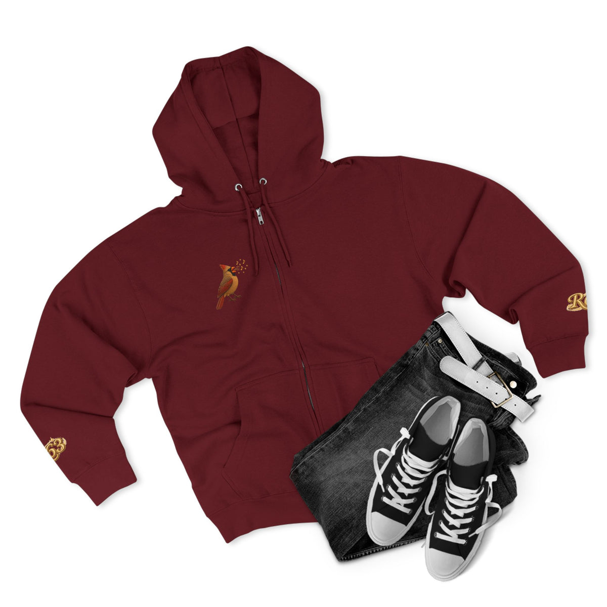 Cardinal Bird Zip Hoodie — Vintage Red Cardinal Graphic Zip-Up