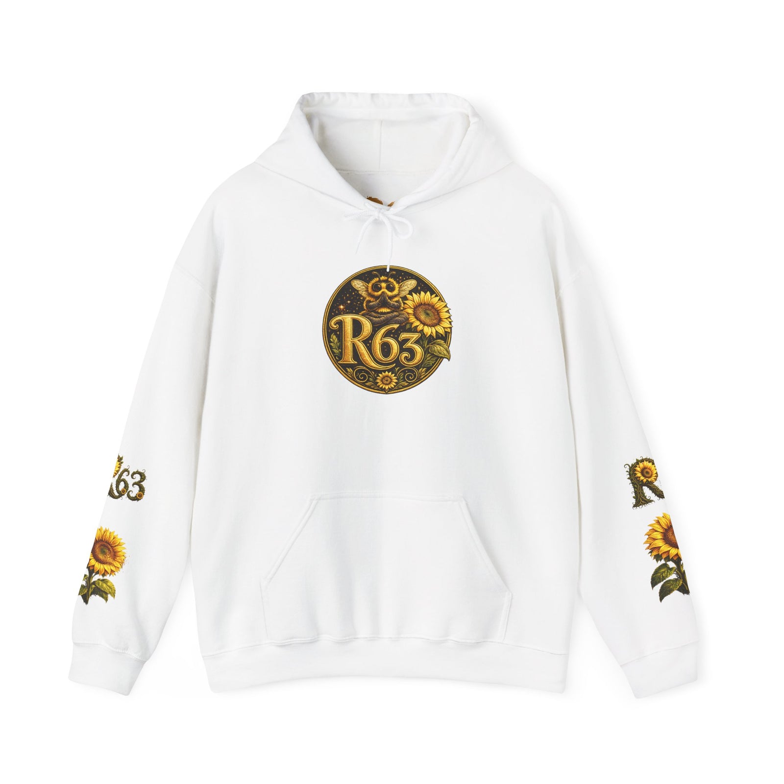 Sunflower Bee Hoodie — R63 Logo Graphic Hooded Sweatshirt
