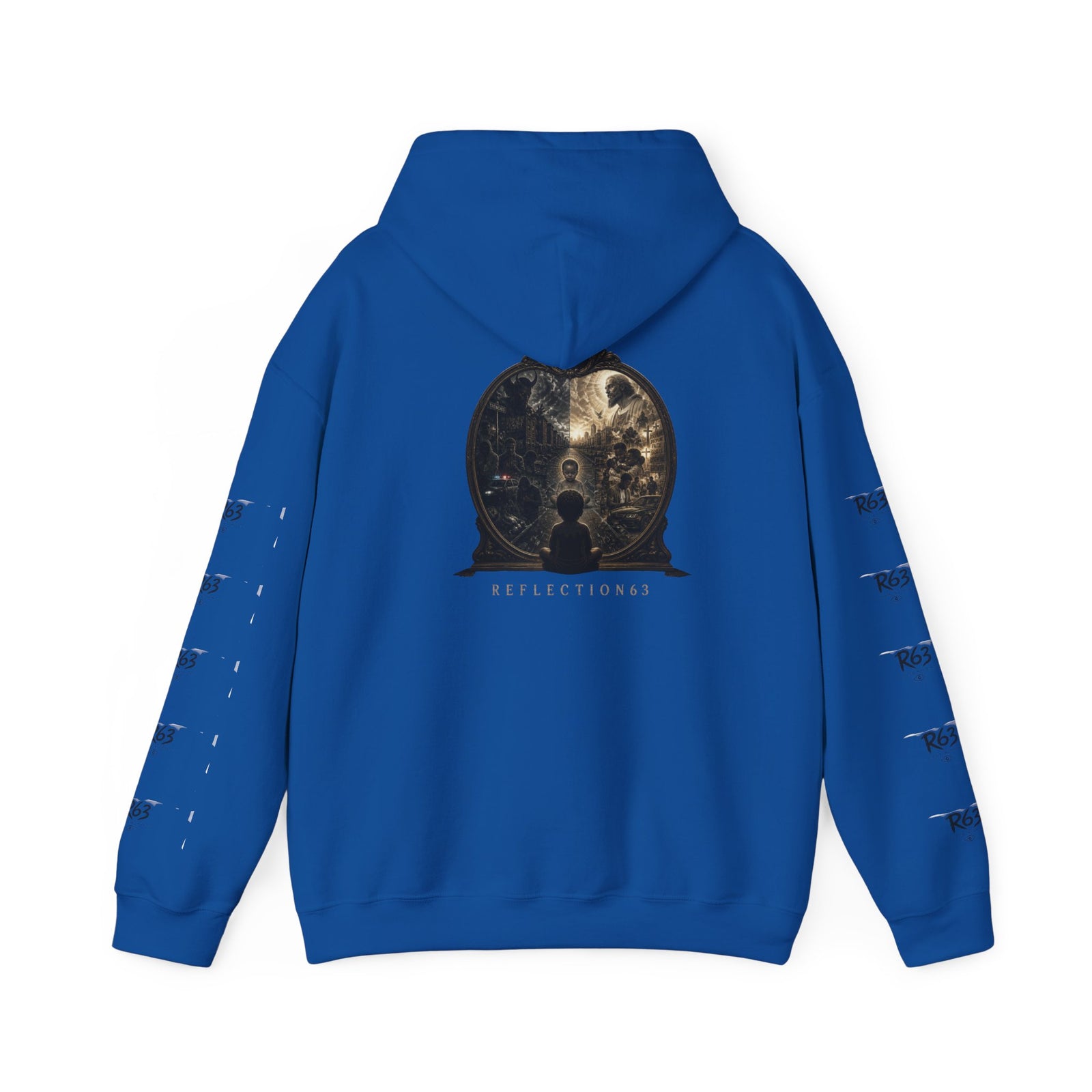 R63 Graphic Hoodie — Reflective Souls Back Print, Sleeve Logo Streetwear