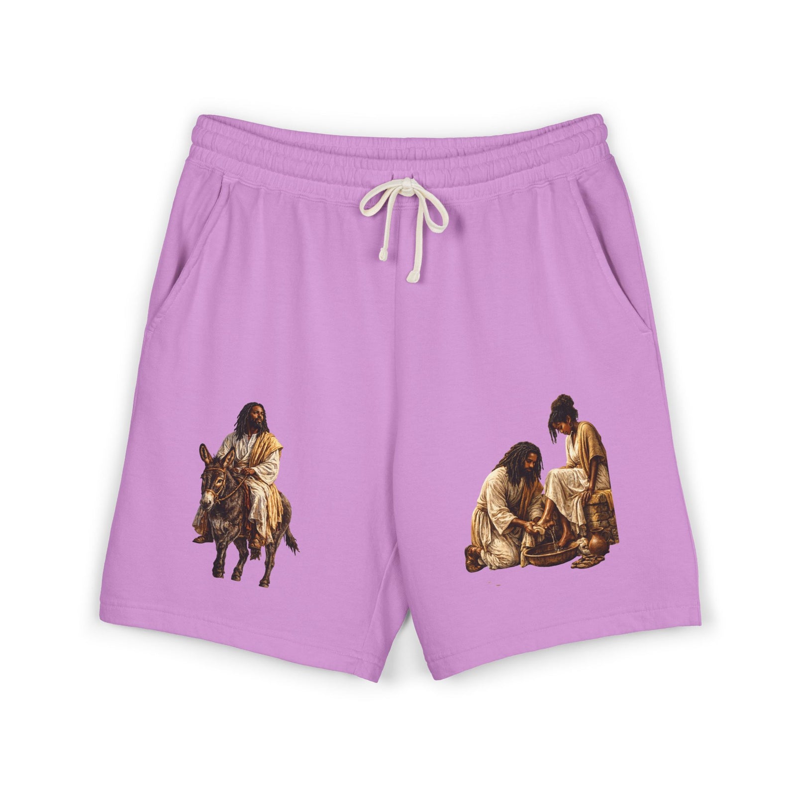 Biblical Nativity Art Sweat Shorts — Jesus on Donkey & Resting Shepherds Fleece Shorts