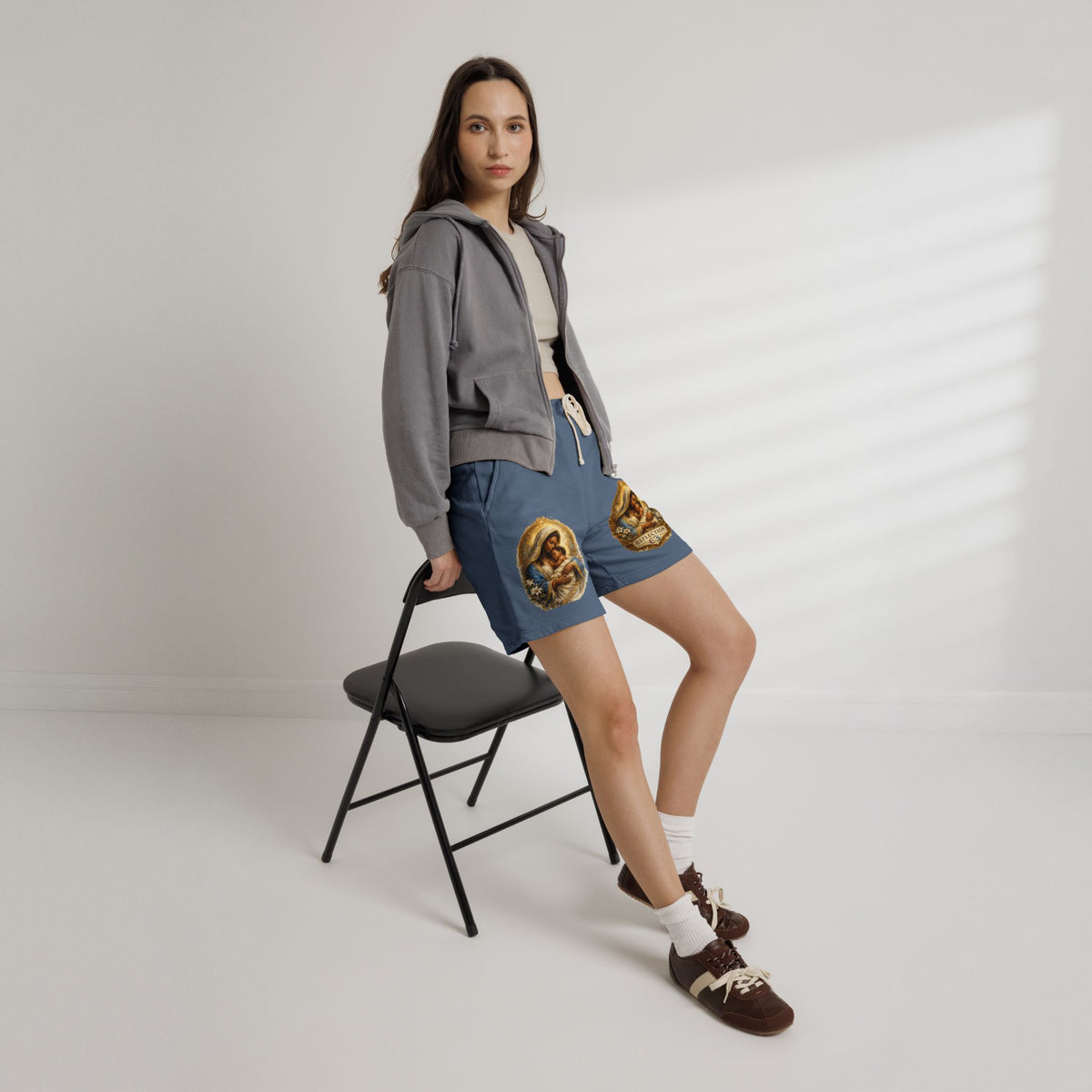 Religious Nativity Sweat Shorts — “Reflection” Holy Family Graphic Fleece Shorts