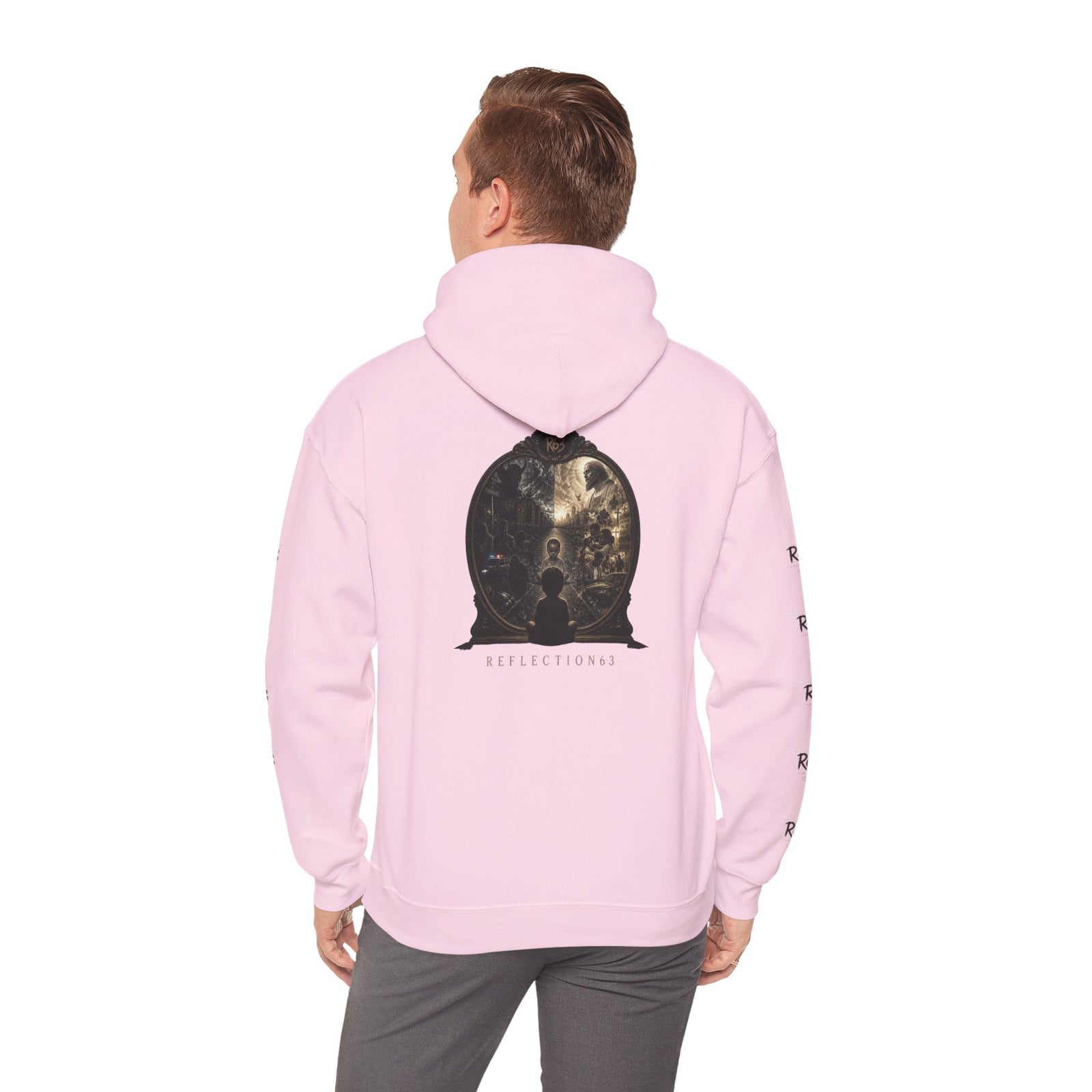 R63 Graphic Hoodie — Reflective Souls Back Print, Sleeve Logo Streetwear