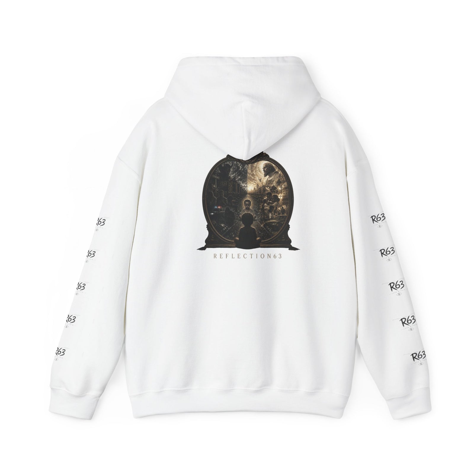 R63 Graphic Hoodie — Reflective Souls Back Print, Sleeve Logo Streetwear