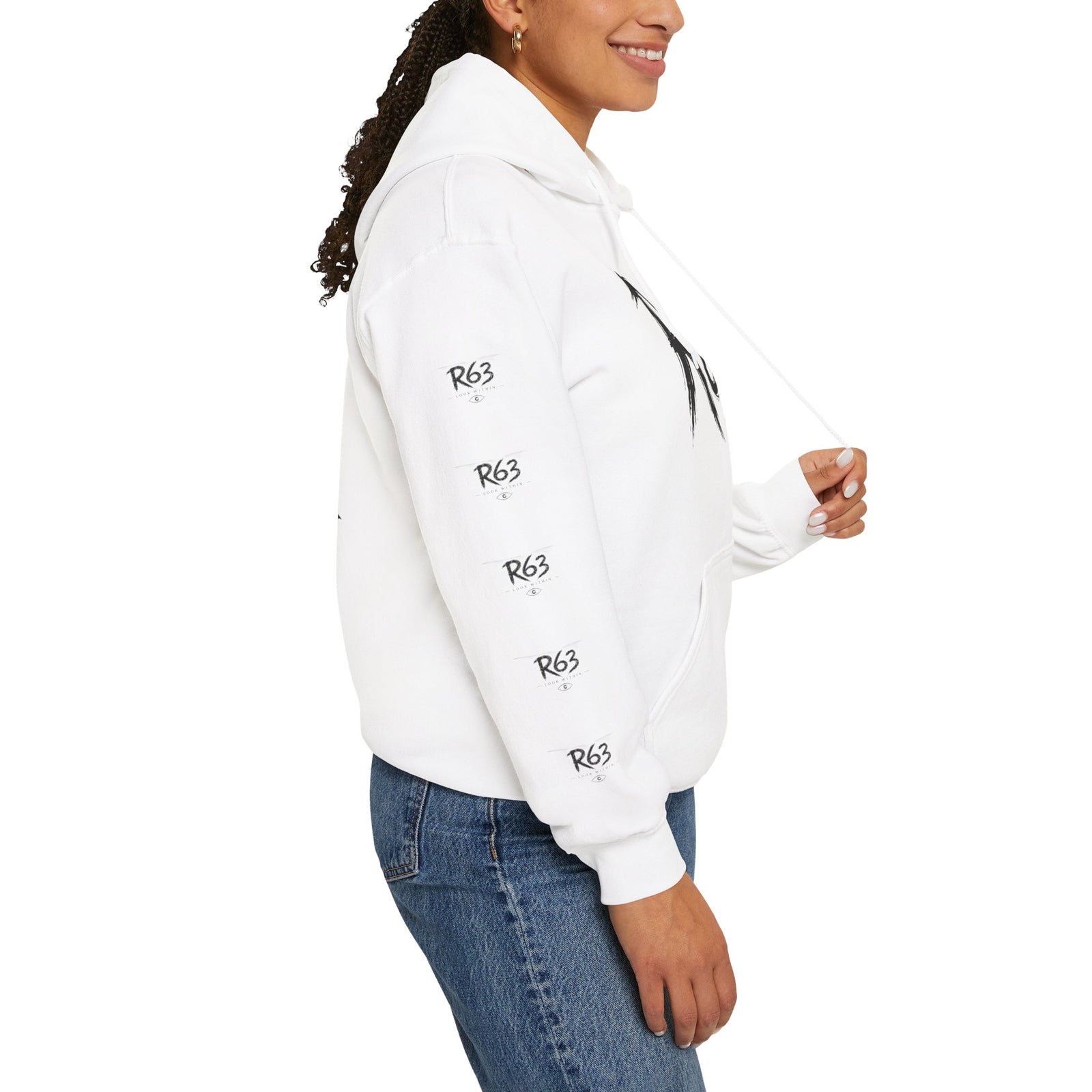 R63 Graphic Hoodie — Reflective Souls Back Print, Sleeve Logo Streetwear