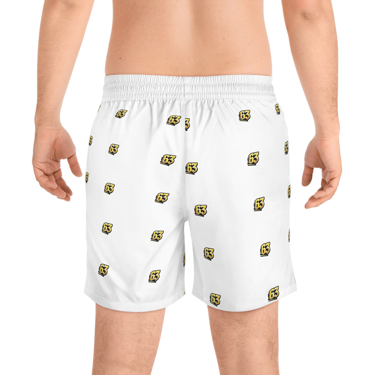 Men's White Swim Shorts with Yellow '63' Logo All-Over Print