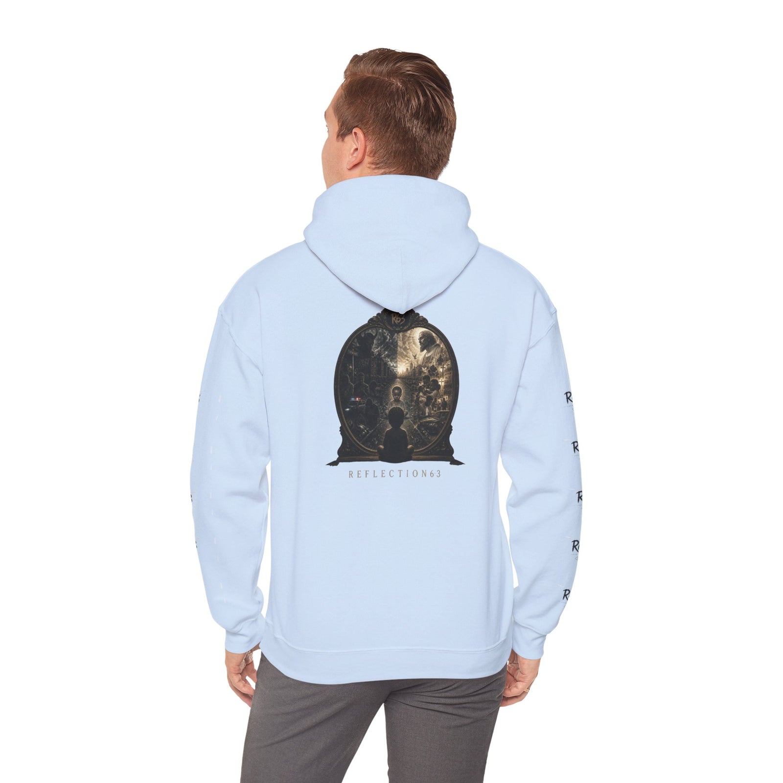 R63 Graphic Hoodie — Reflective Souls Back Print, Sleeve Logo Streetwear