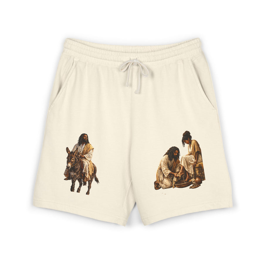 Biblical Nativity Art Sweat Shorts — Jesus on Donkey & Resting Shepherds Fleece Shorts